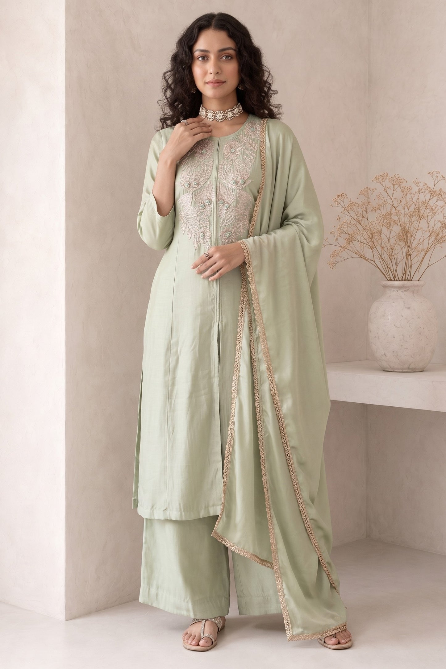 Green Readymade Embroidered Palazzo Suit-SAR13048_2_SareeButa.com