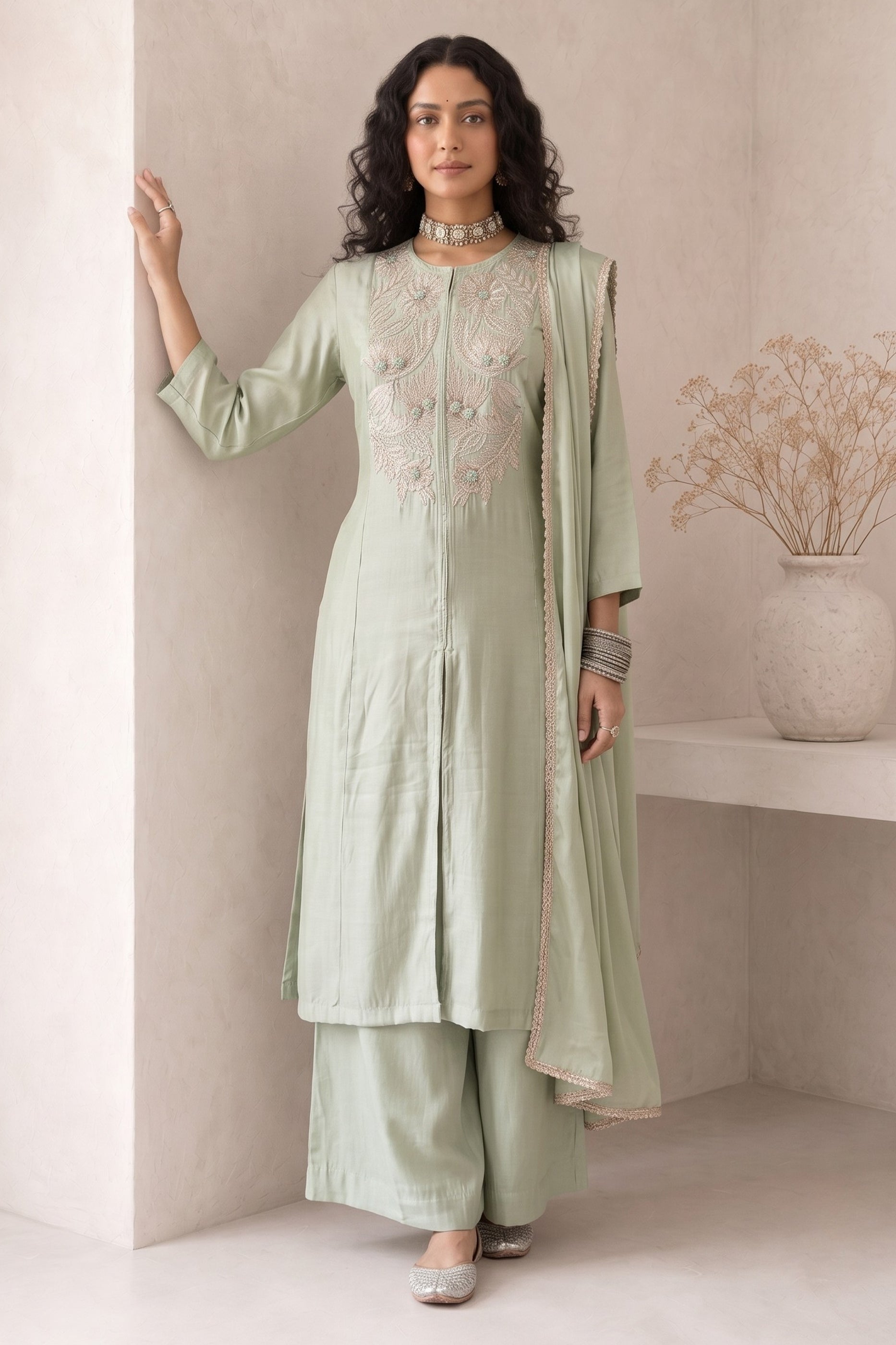 Green Readymade Embroidered Palazzo Suit-SAR13048_3_SareeButa.com