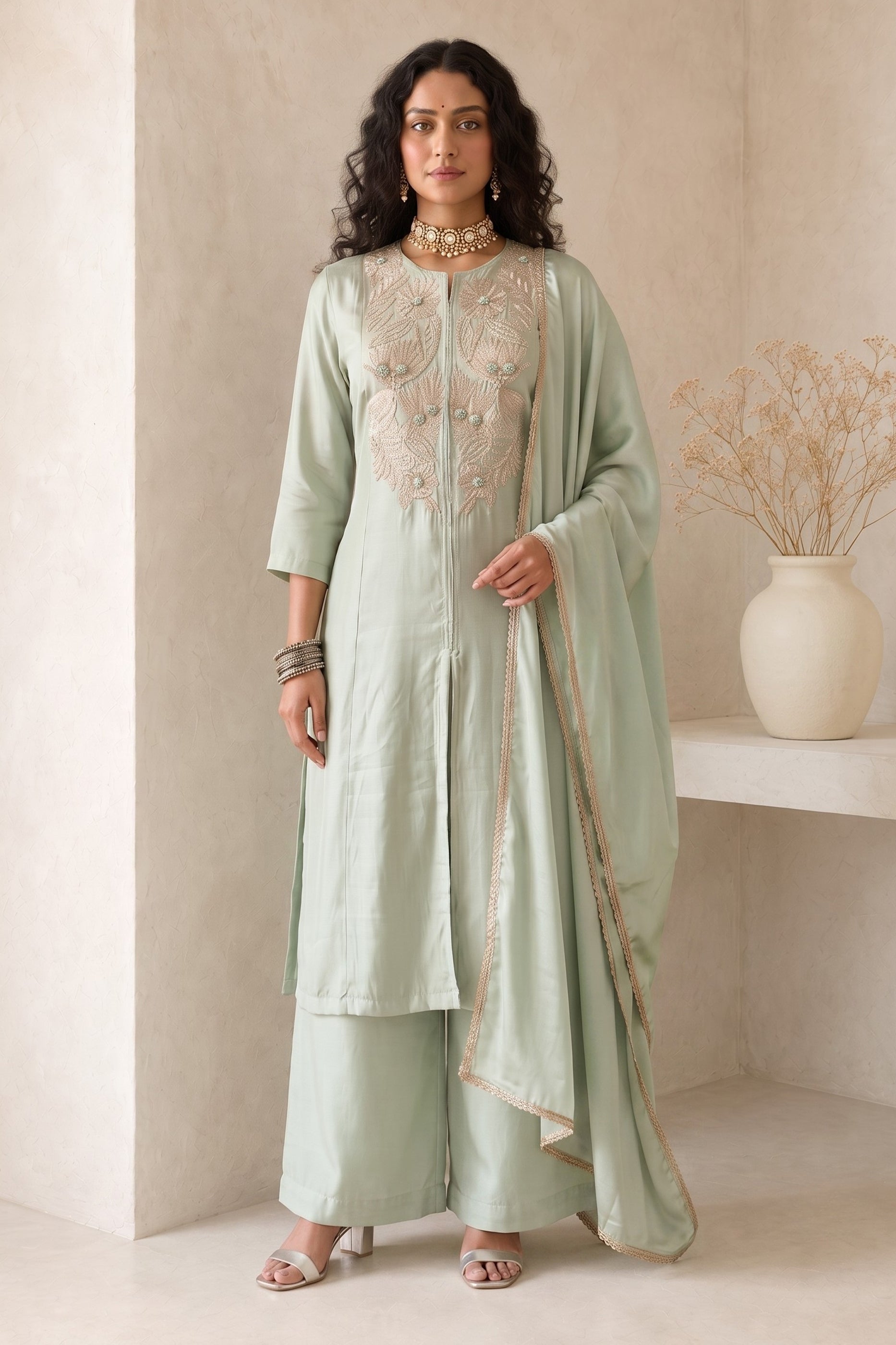 Green Readymade Embroidered Palazzo Suit-SAR13048_4_SareeButa.com
