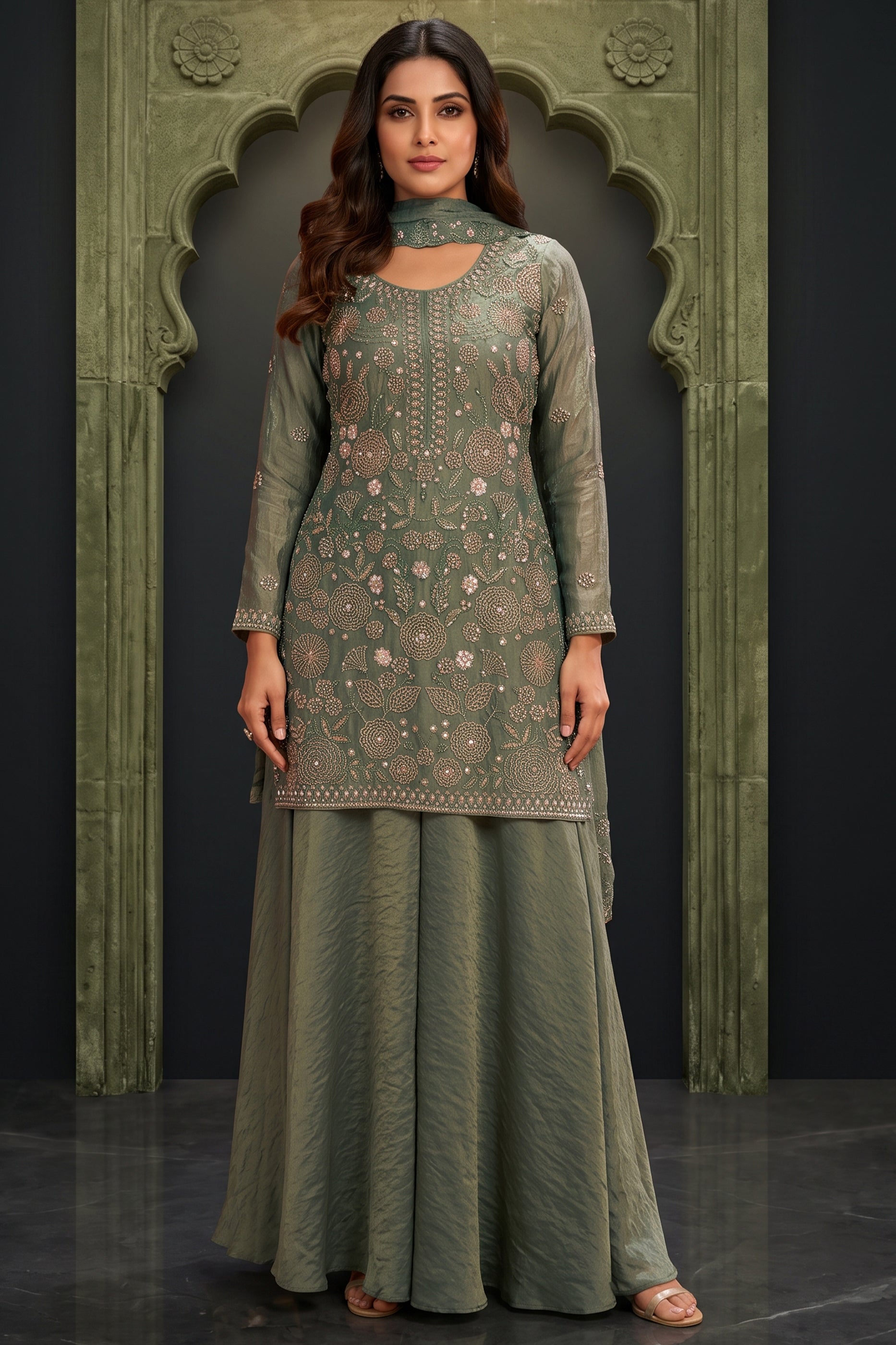 Green Readymade Embroidered Palazzo Suit-SAR13136_1_SareeButa.com
