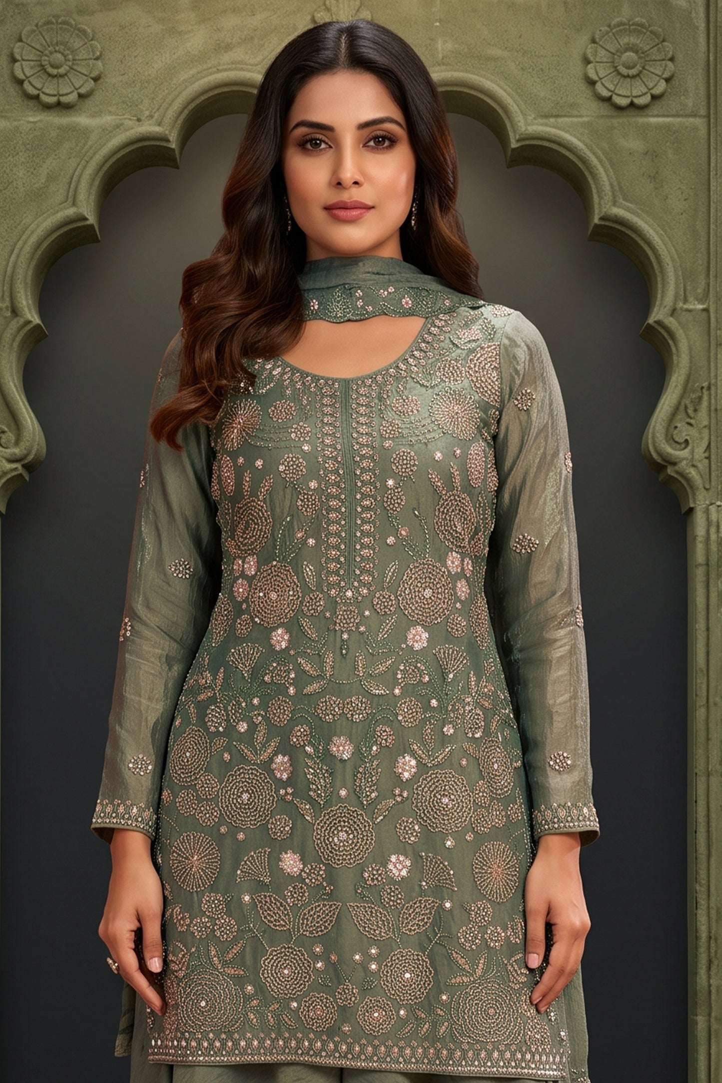 Green Readymade Embroidered Palazzo Suit-SAR13136_2_SareeButa.com