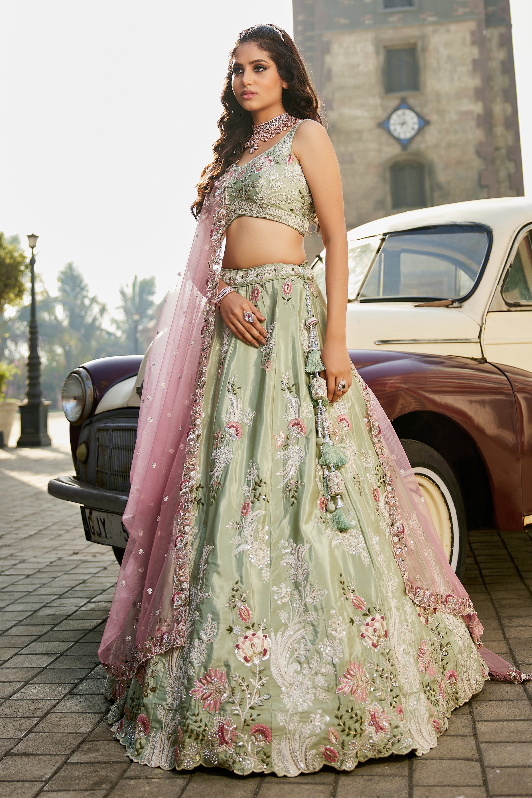 Green Readymade Embroidered Satin Silk Lehenga-SAR12842_4_SareeButa.com