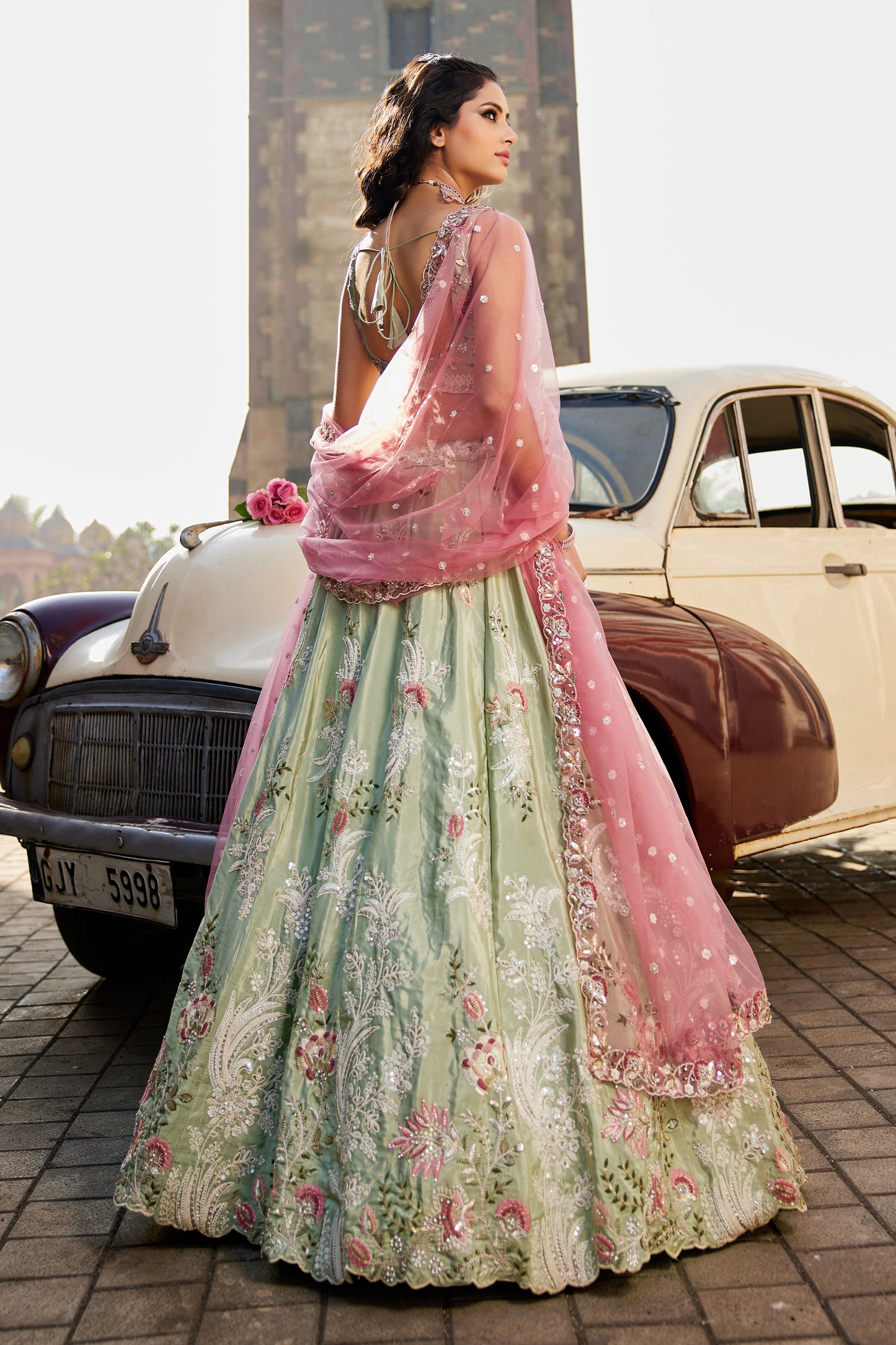 Green Readymade Embroidered Satin Silk Lehenga-SAR12842_5_SareeButa.com