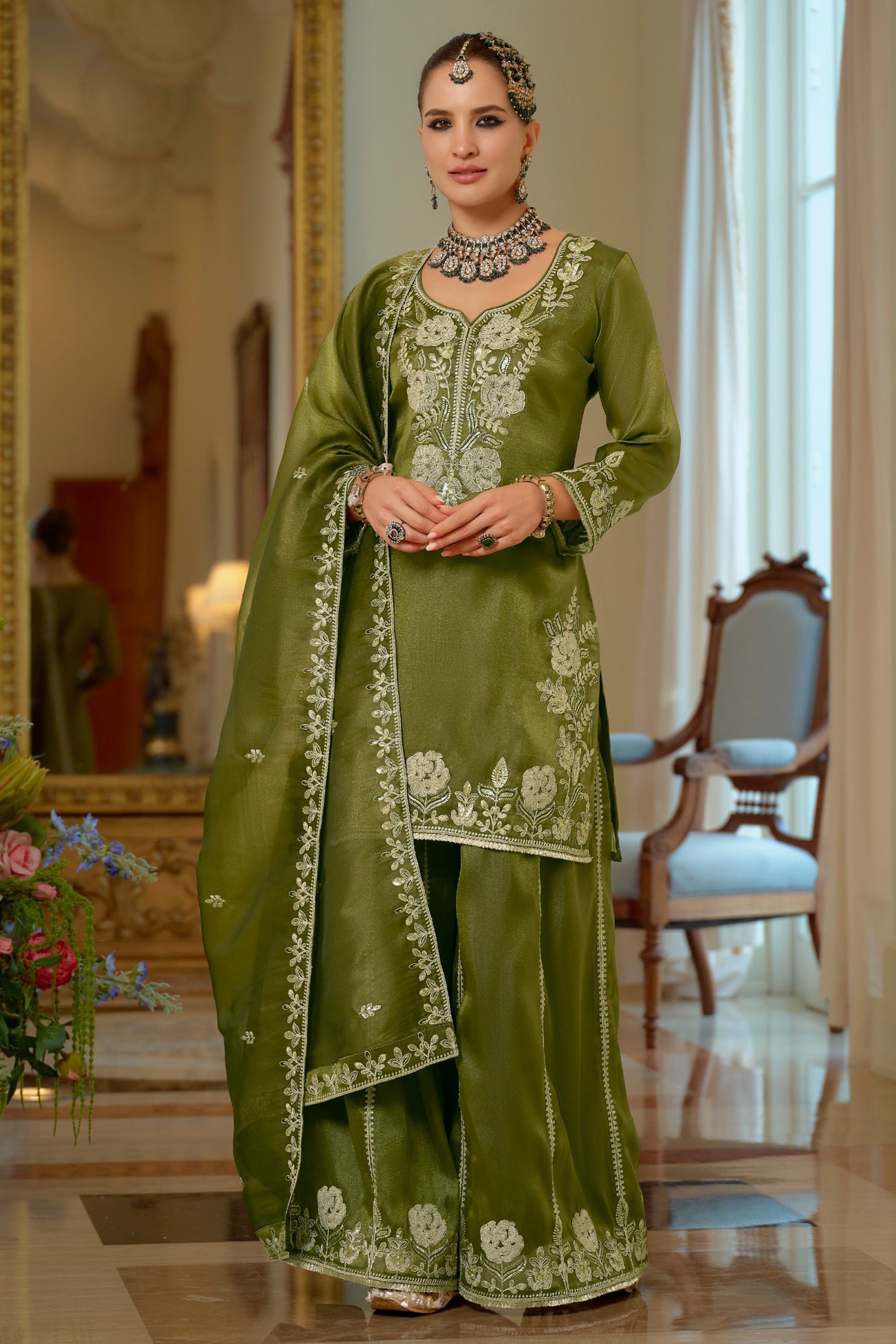Green Readymade Embroidered Shimmer Palazzo Suit-SAR11666_1_SareeButa.com