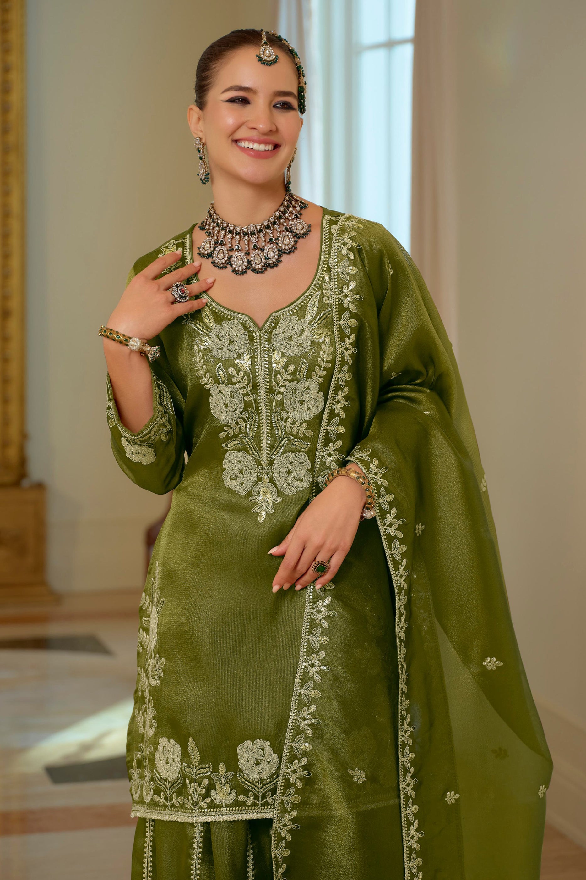 Green Readymade Embroidered Shimmer Palazzo Suit-SAR11666_3_SareeButa.com
