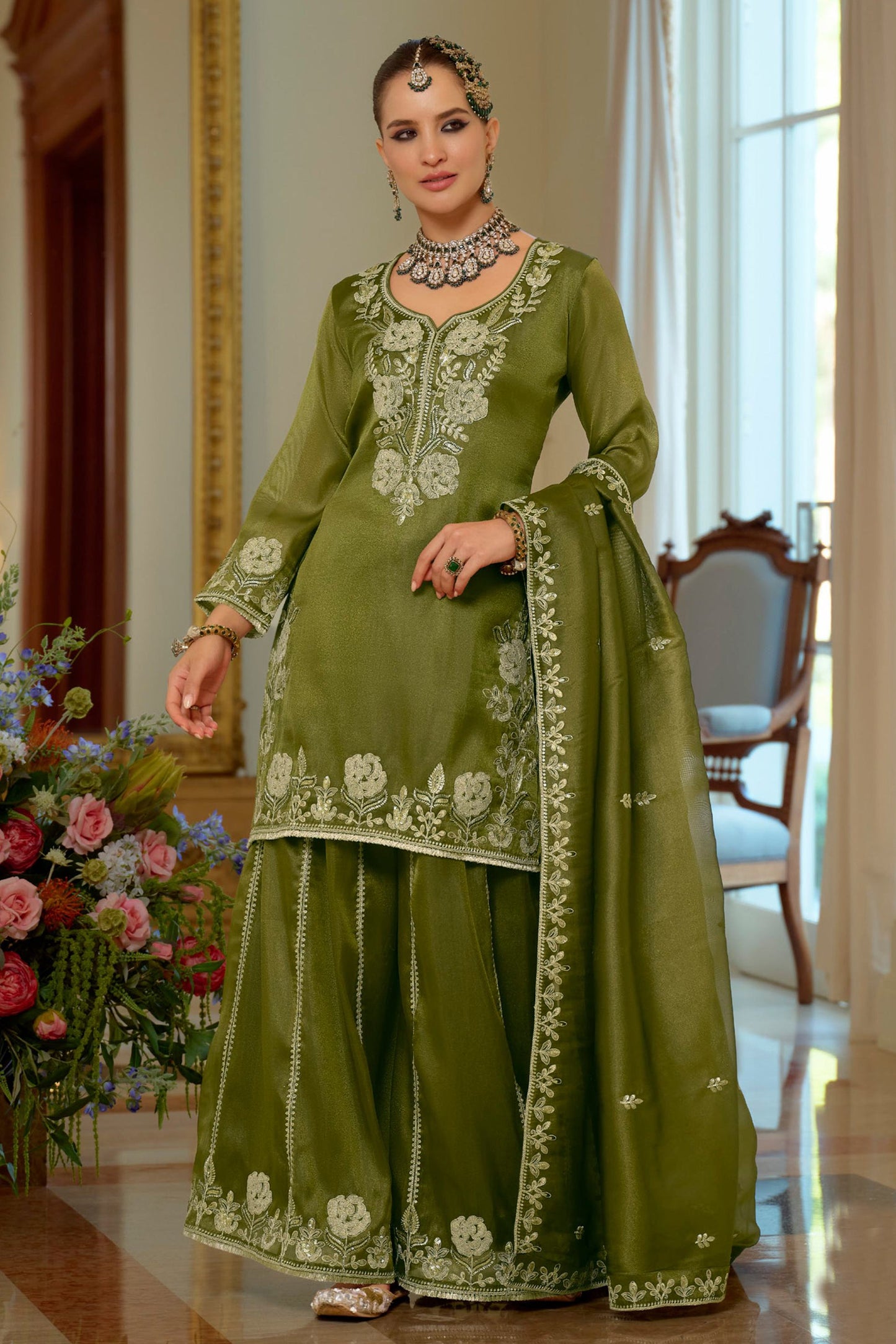 Green Readymade Embroidered Shimmer Palazzo Suit-SAR11666_4_SareeButa.com