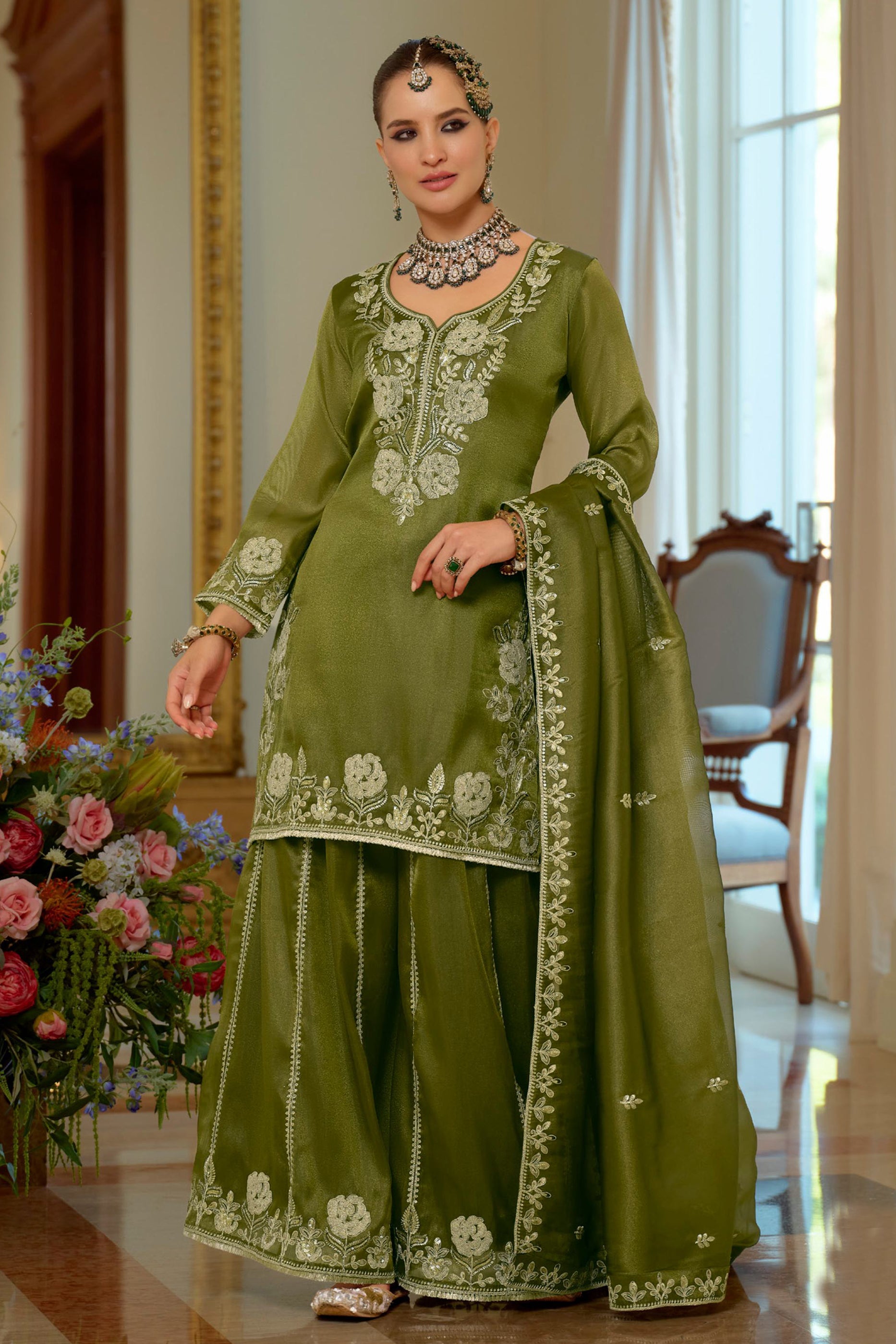 Green Readymade Embroidered Shimmer Palazzo Suit-SAR11666_4_SareeButa.com