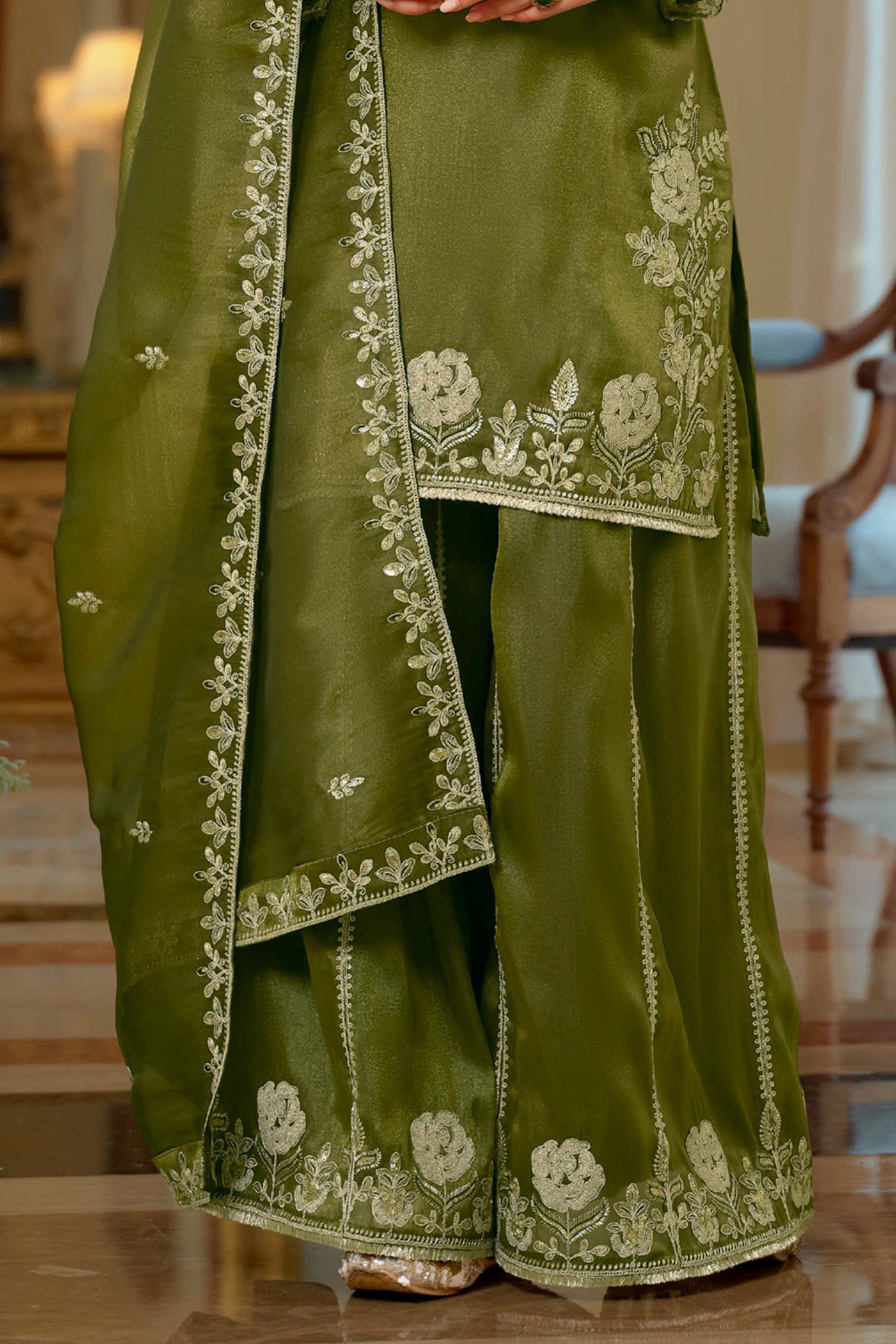 Green Readymade Embroidered Shimmer Palazzo Suit-SAR11666_5_SareeButa.com