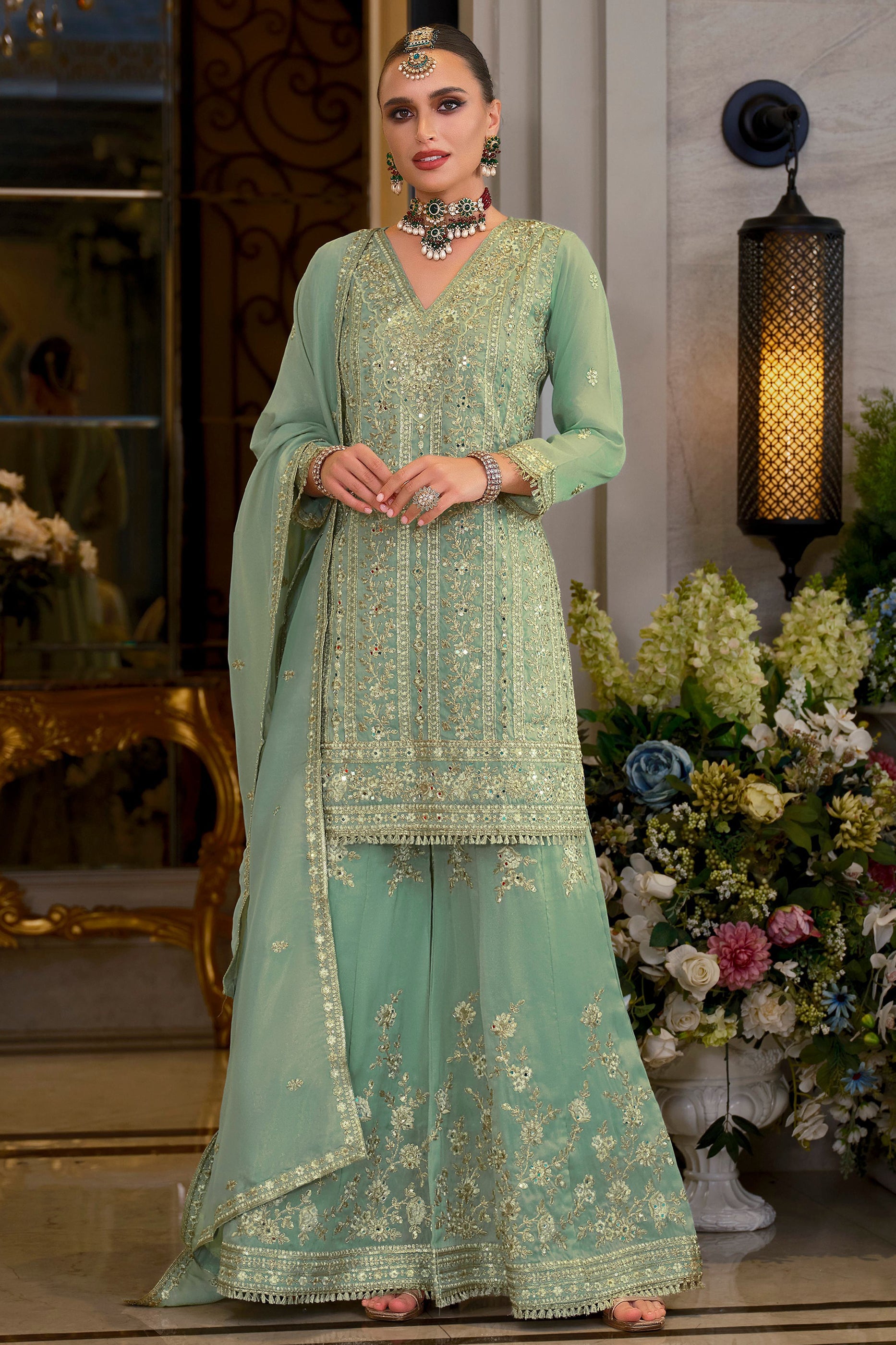 Green Readymade Embroidered Shimmer Palazzo Suit-SAR11669_1_SareeButa.com