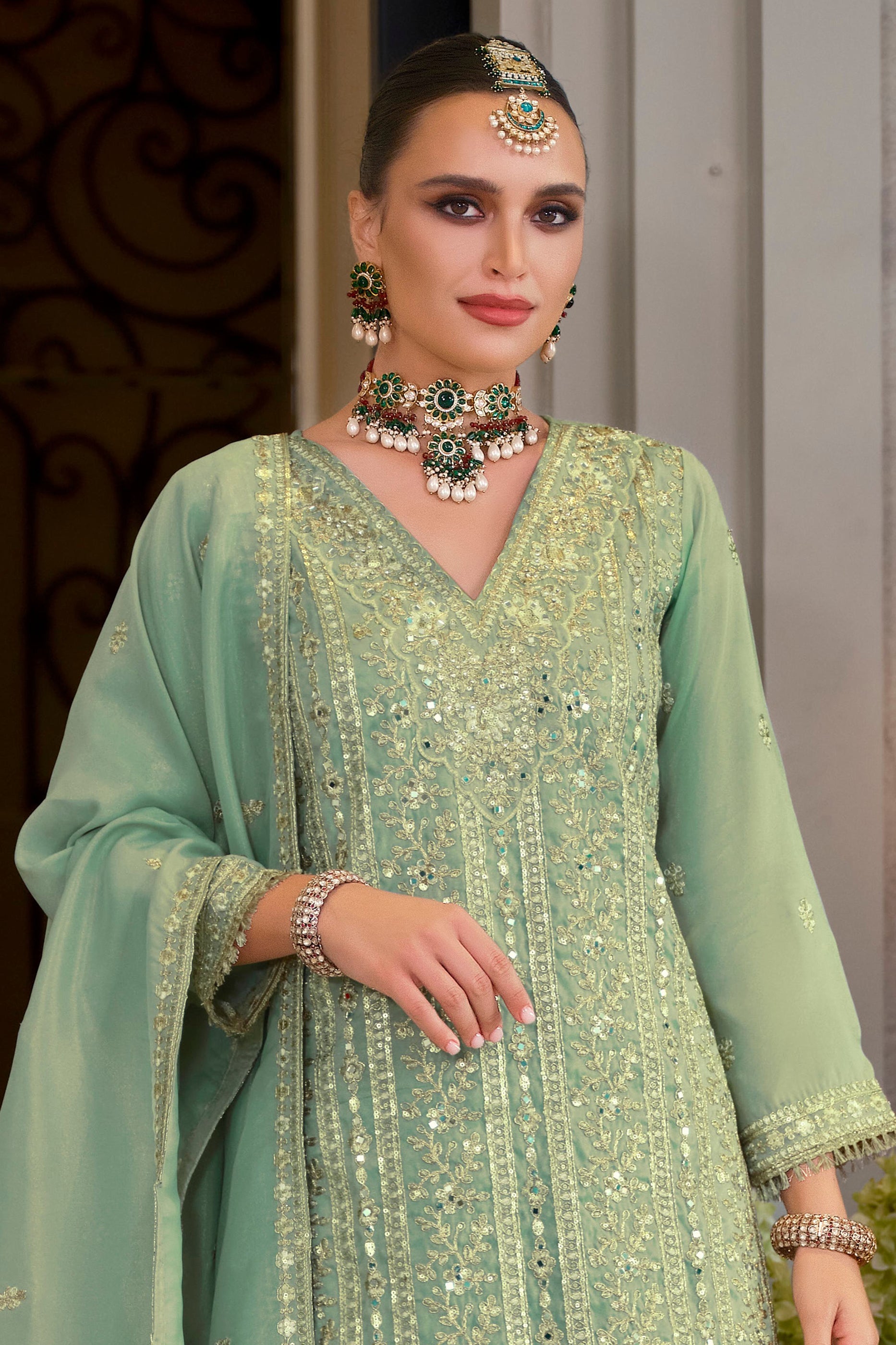 Green Readymade Embroidered Shimmer Palazzo Suit-SAR11669_2_SareeButa.com