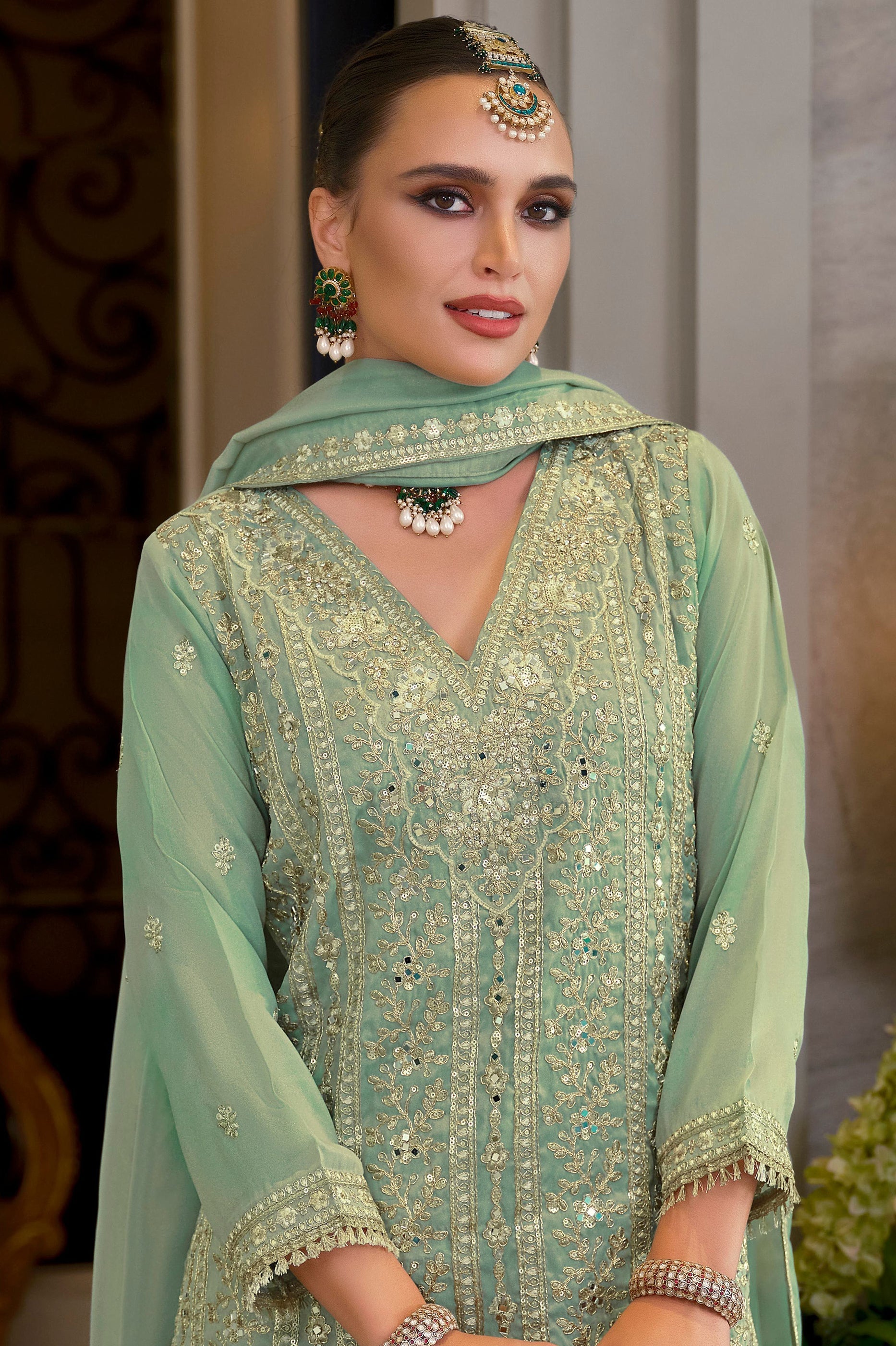 Green Readymade Embroidered Shimmer Palazzo Suit-SAR11669_3_SareeButa.com