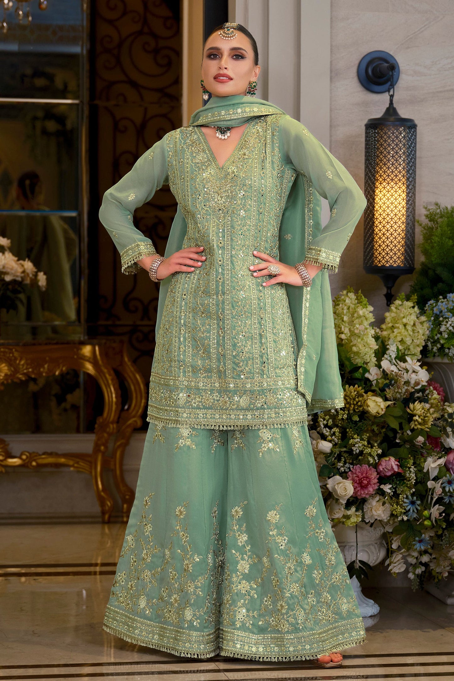 Green Readymade Embroidered Shimmer Palazzo Suit-SAR11669_4_SareeButa.com