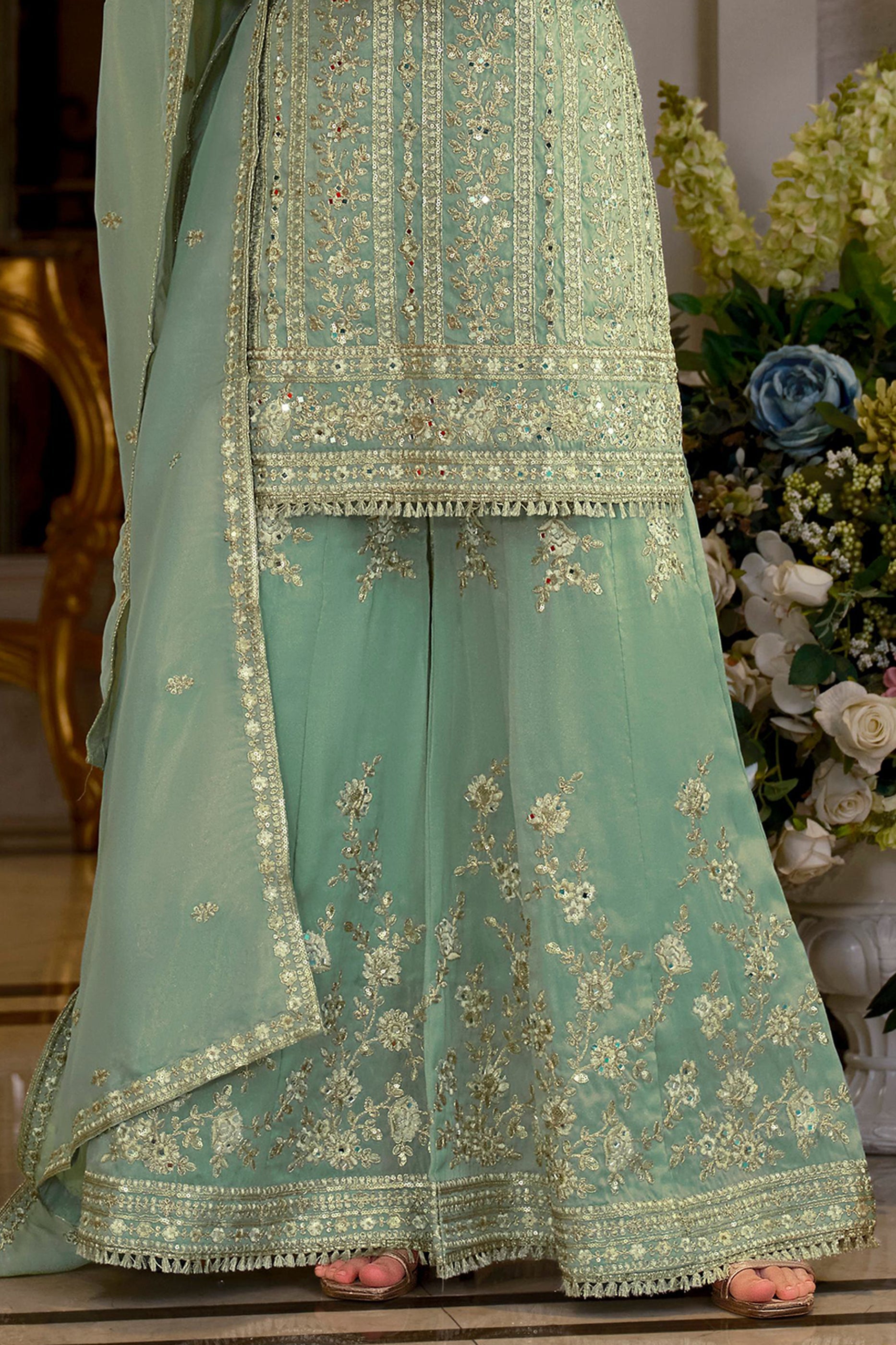Green Readymade Embroidered Shimmer Palazzo Suit-SAR11669_5_SareeButa.com
