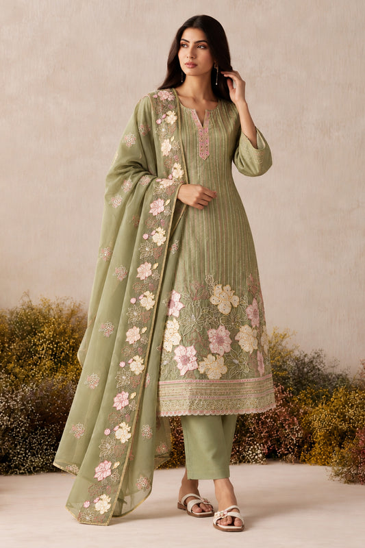 Green Readymade Embroidered Shimmer Silk Suit-SAR13335_1_SareeButa.com