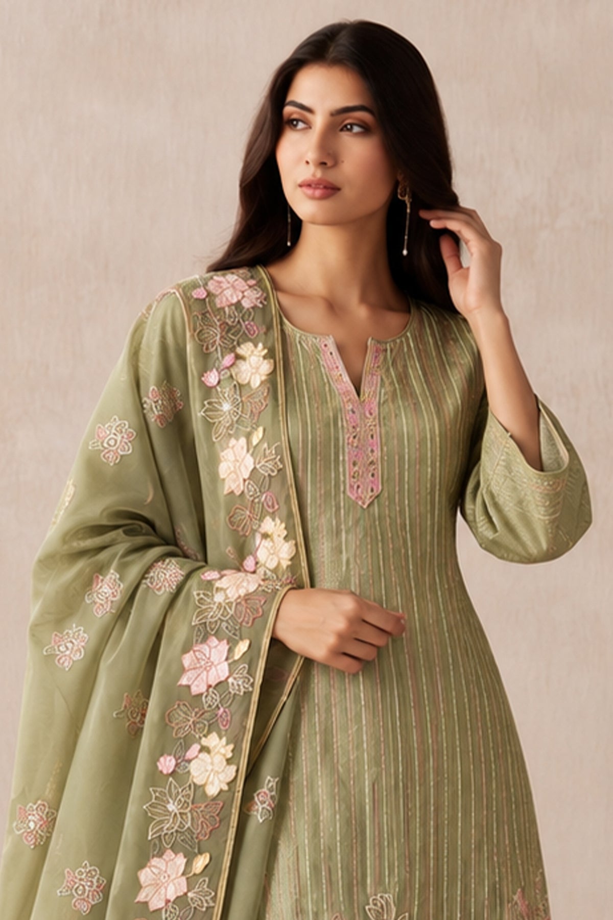 Green Readymade Embroidered Shimmer Silk Suit-SAR13335_2_SareeButa.com