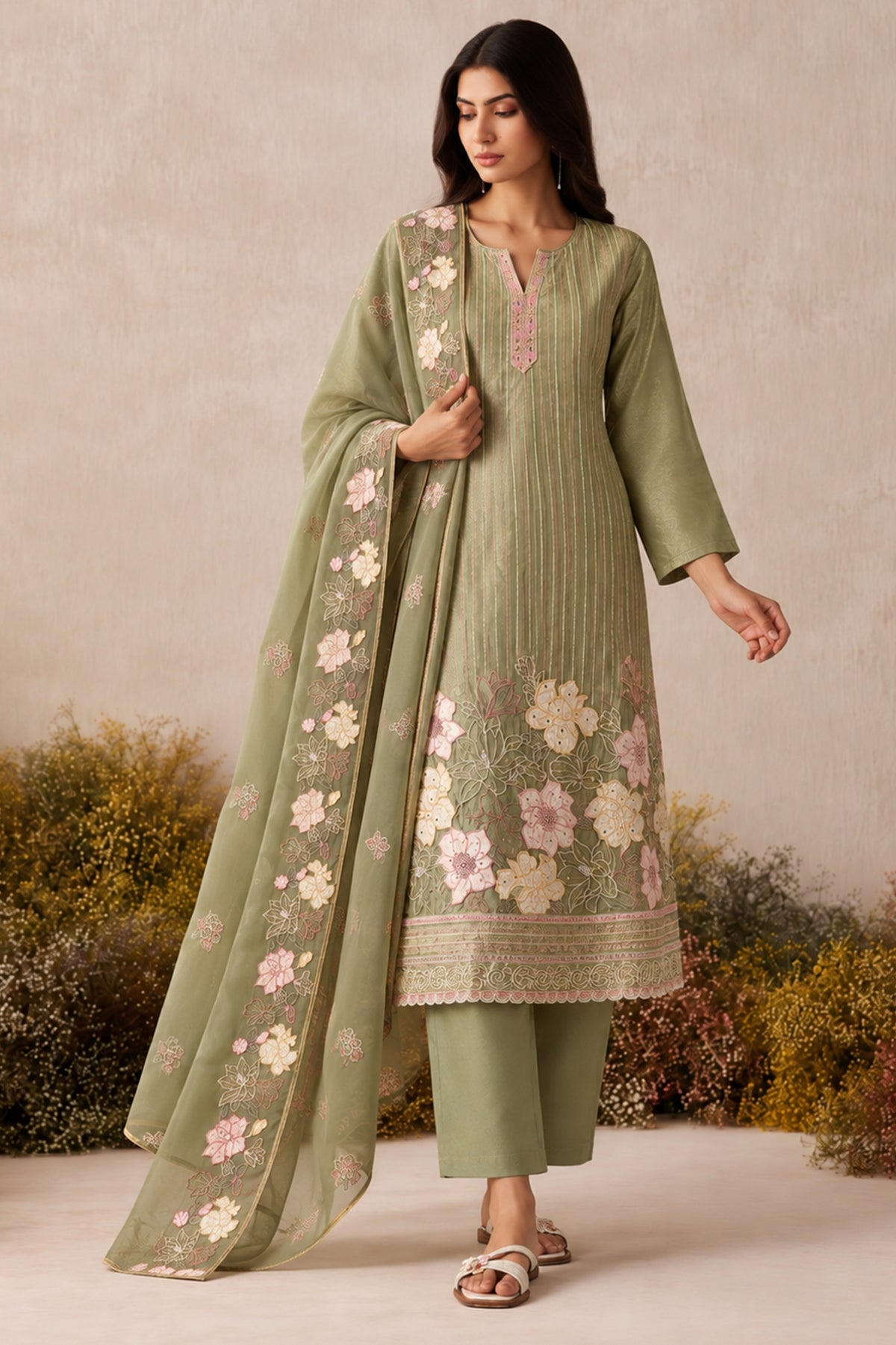 Green Readymade Embroidered Shimmer Silk Suit-SAR13335_3_SareeButa.com