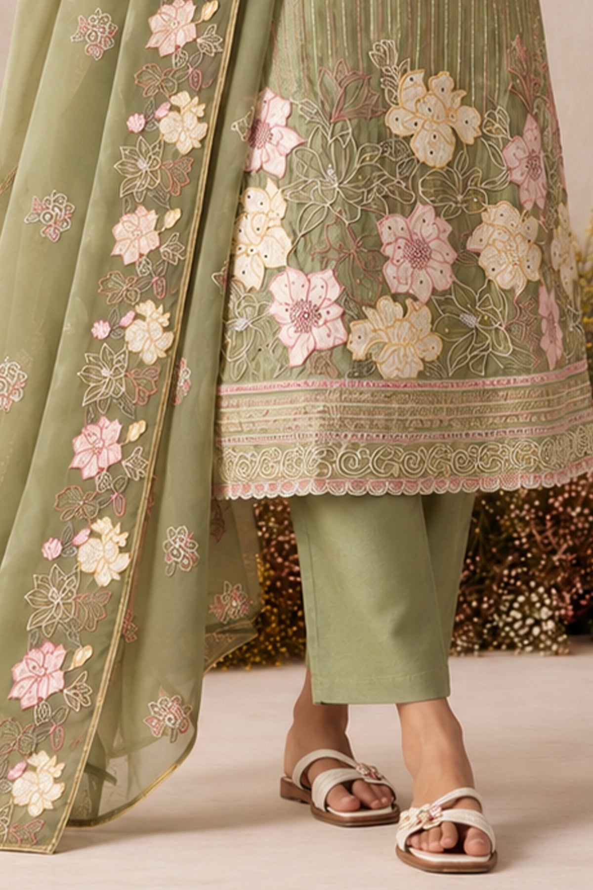 Green Readymade Embroidered Shimmer Silk Suit-SAR13335_4_SareeButa.com