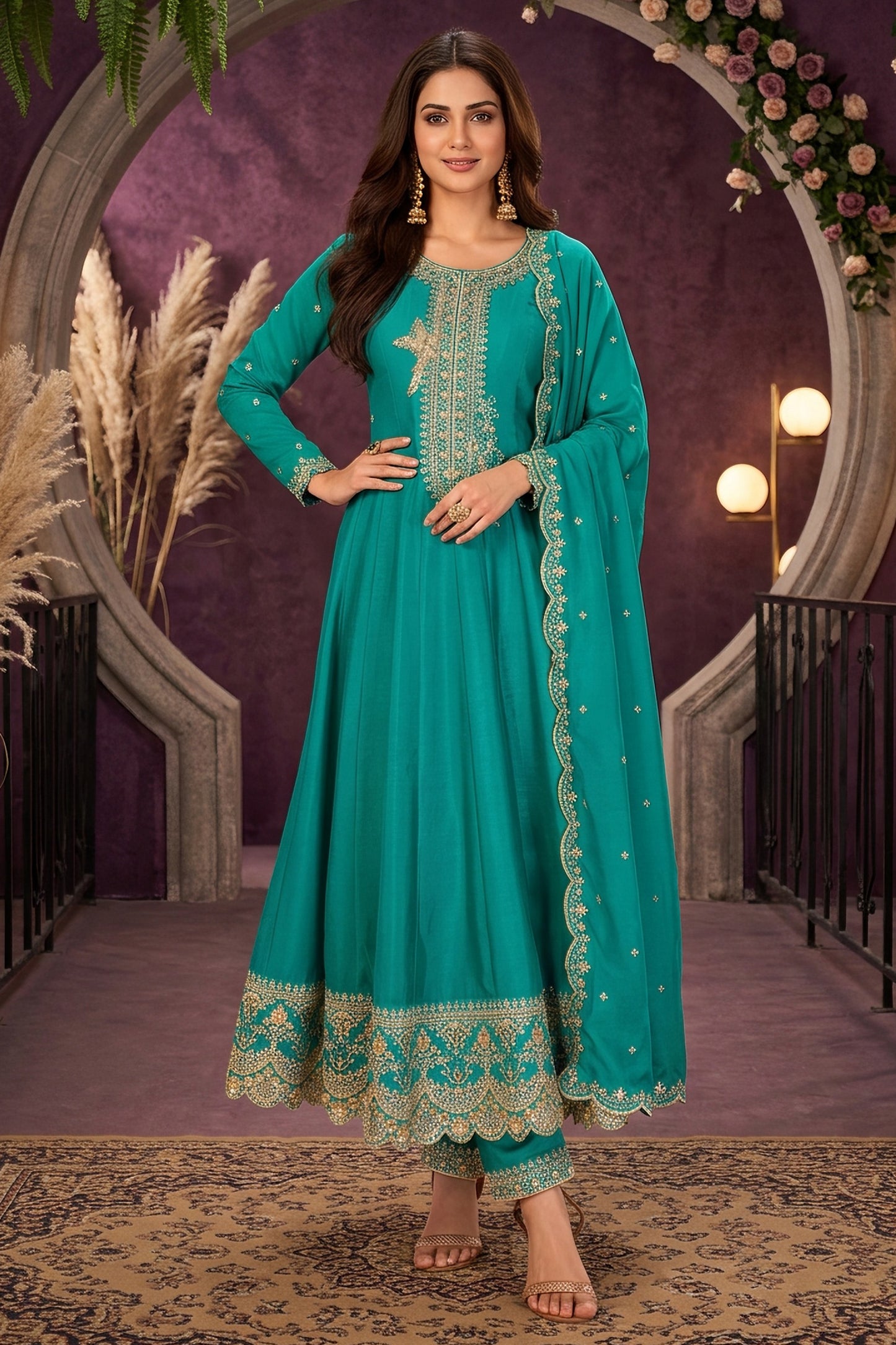 Green Readymade Embroidered Silk Anarkali Suit-SAR13092_1_SareeButa.com