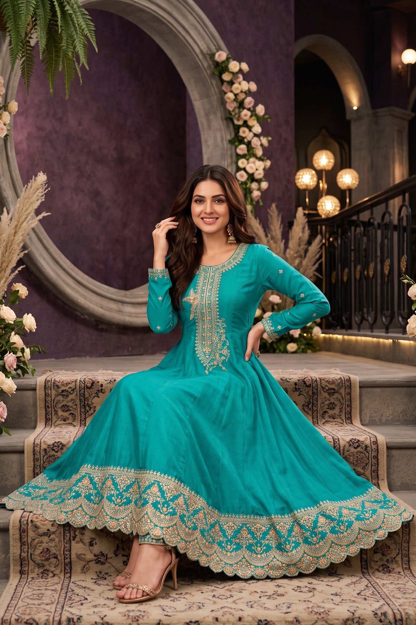 Green Readymade Embroidered Silk Anarkali Suit-SAR13092_2_SareeButa.com