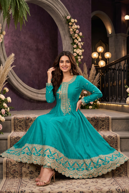 Green Readymade Embroidered Silk Anarkali Suit-SAR13092_2_SareeButa.com