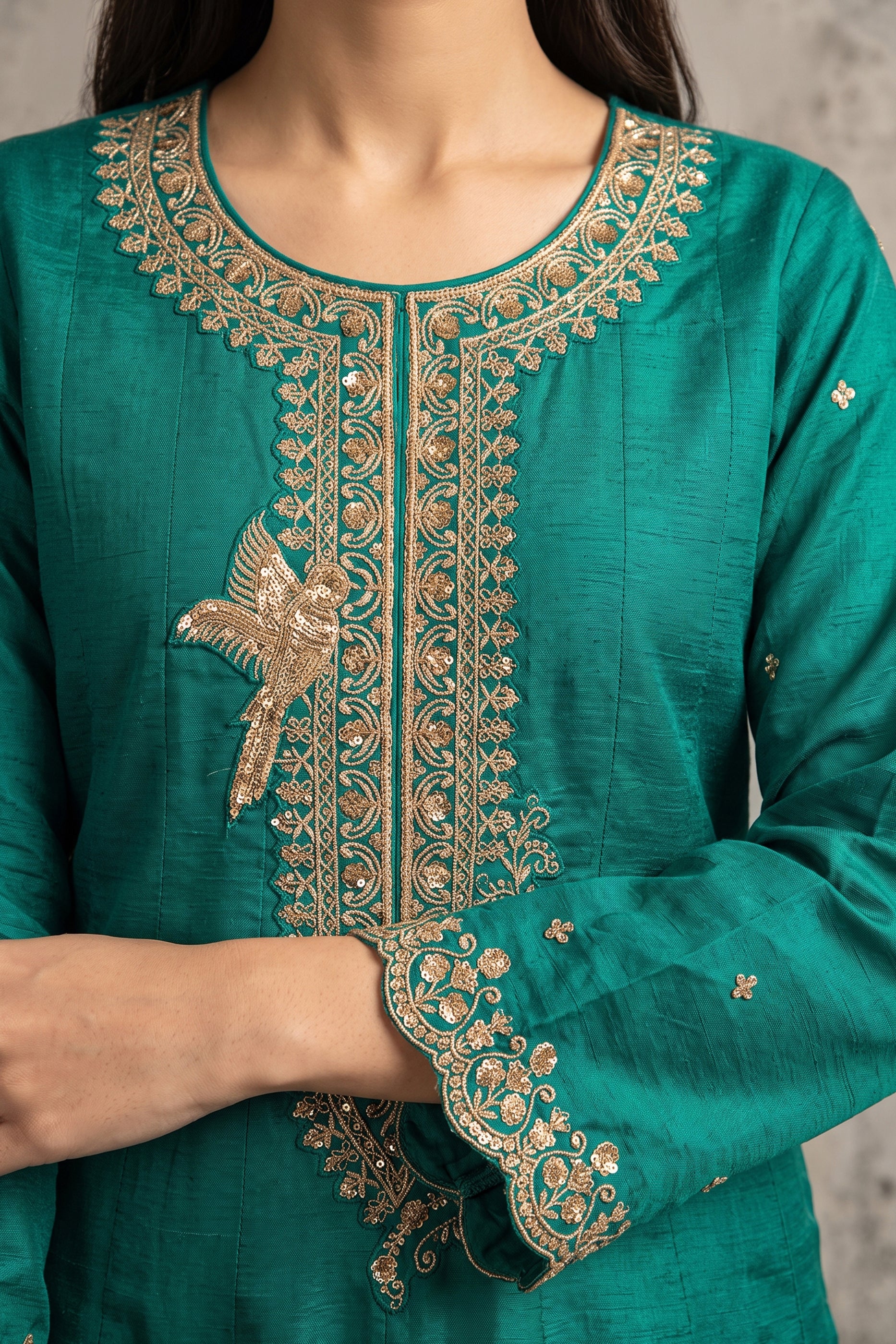 Green Readymade Embroidered Silk Anarkali Suit-SAR13092_3_SareeButa.com