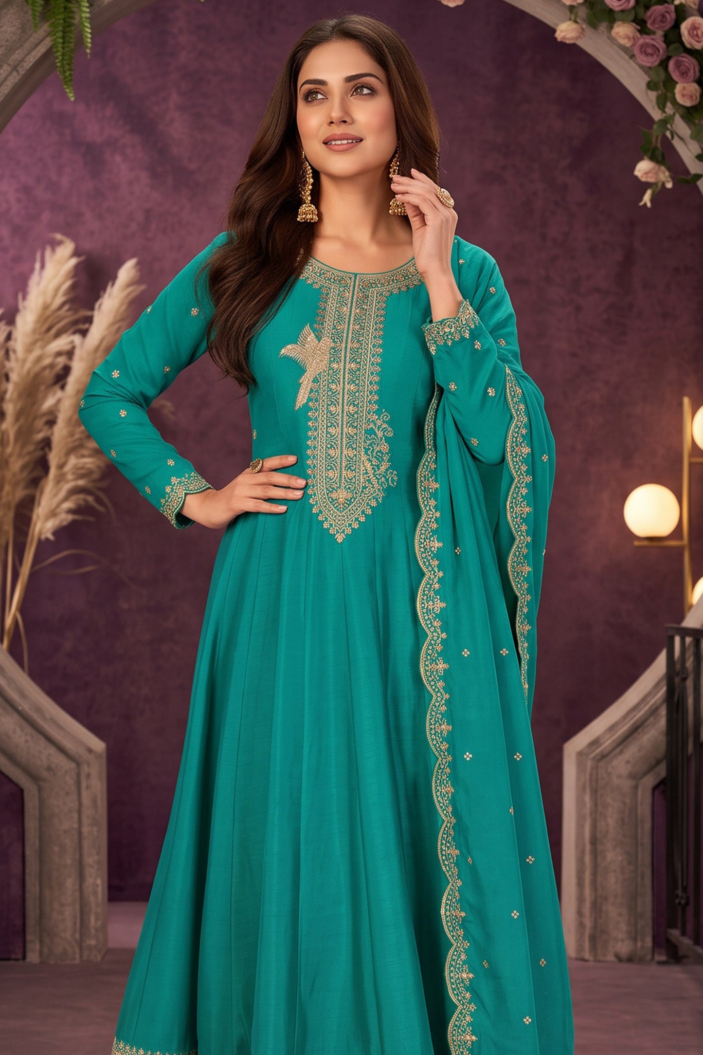 Green Readymade Embroidered Silk Anarkali Suit-SAR13092_5_SareeButa.com