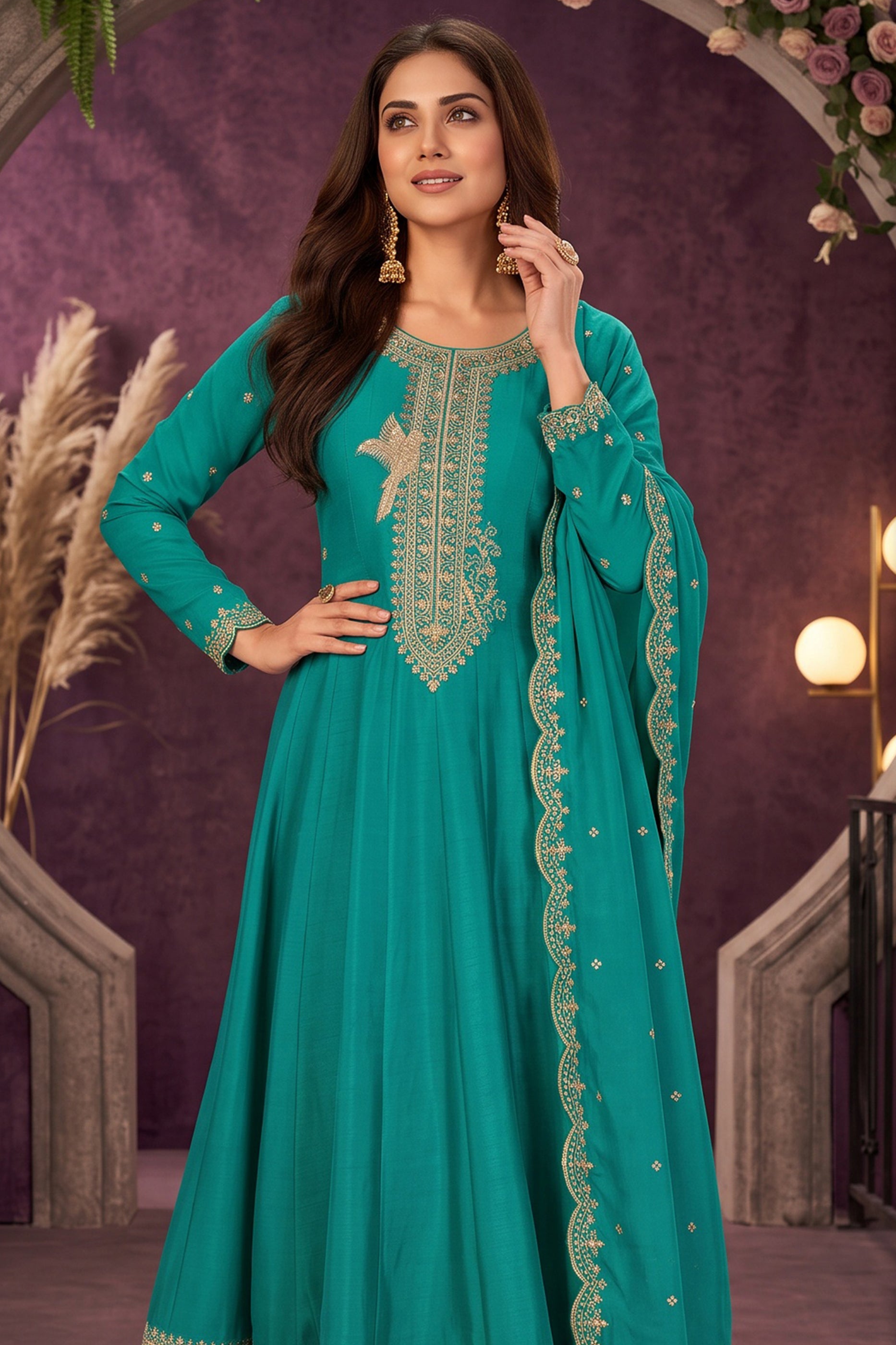 Green Readymade Embroidered Silk Anarkali Suit-SAR13092_5_SareeButa.com