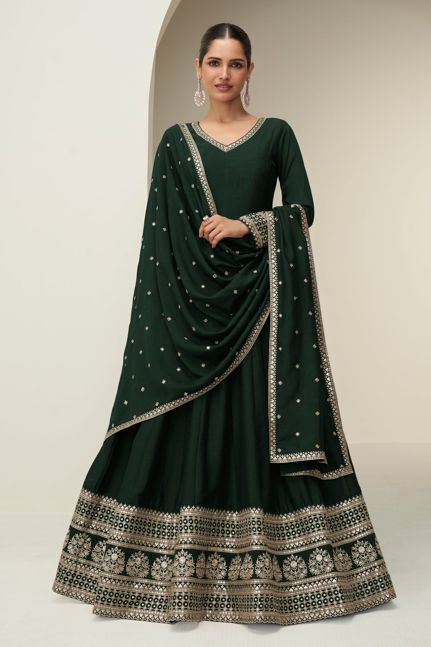 Green Readymade Embroidered Silk Gown With Dupatta-SAR10773_1_SareeButa.com