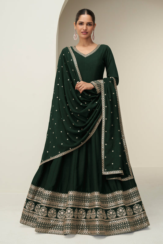 Green Readymade Embroidered Silk Gown With Dupatta-SAR10773_1_SareeButa.com
