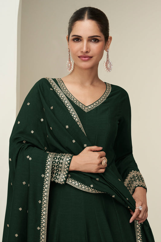 Green Readymade Embroidered Silk Gown With Dupatta-SAR10773_2_SareeButa.com