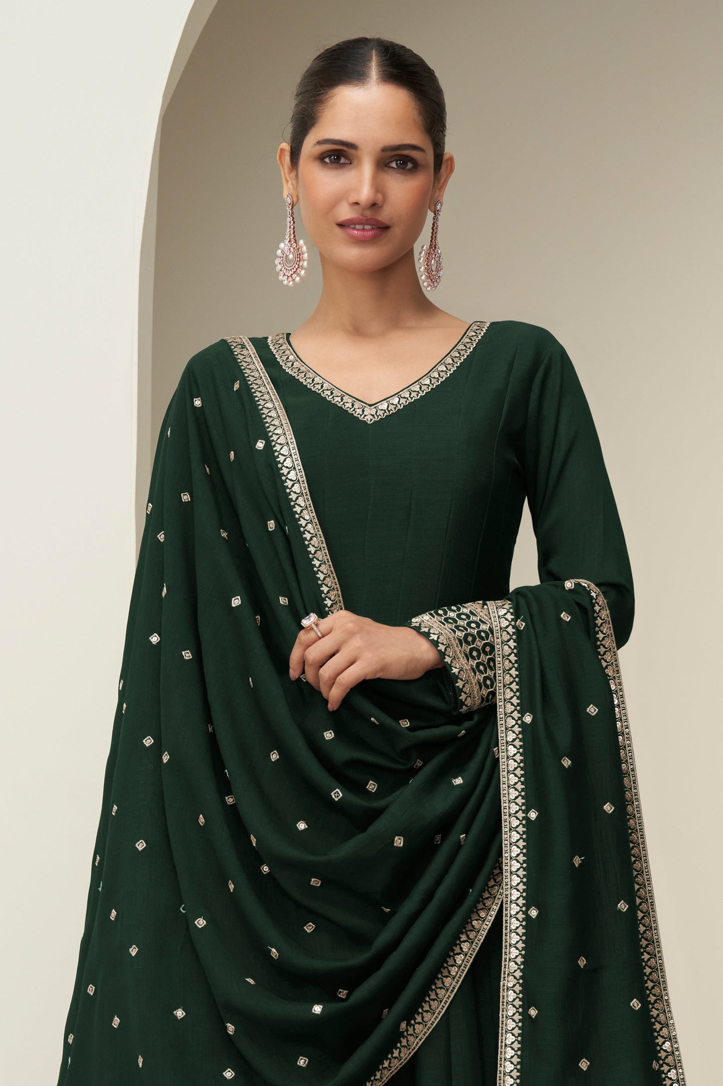 Green Readymade Embroidered Silk Gown With Dupatta-SAR10773_3_SareeButa.com