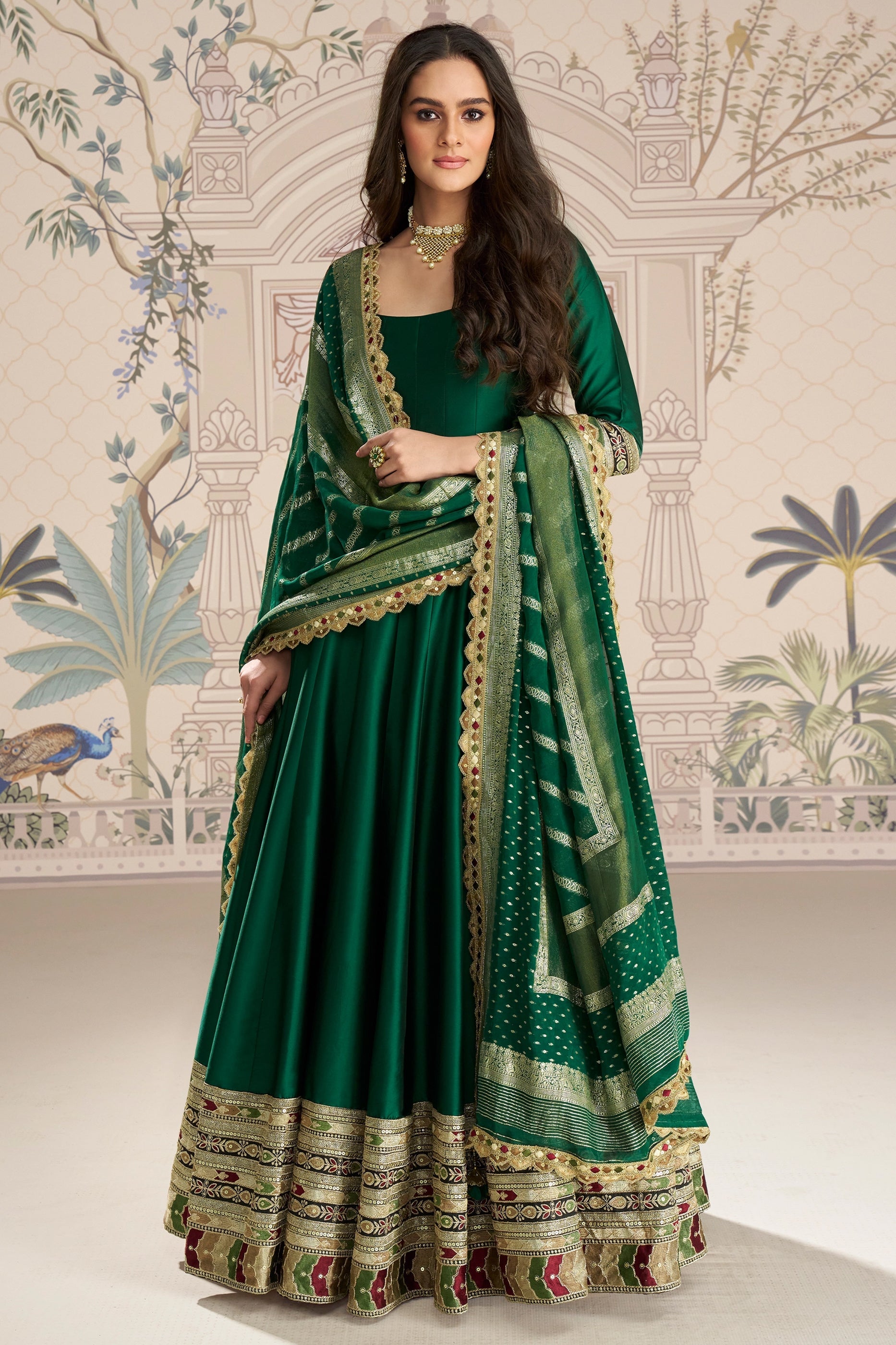 Green Readymade Embroidered Silk Gown With Dupatta-SAR11087_1_SareeButa.com