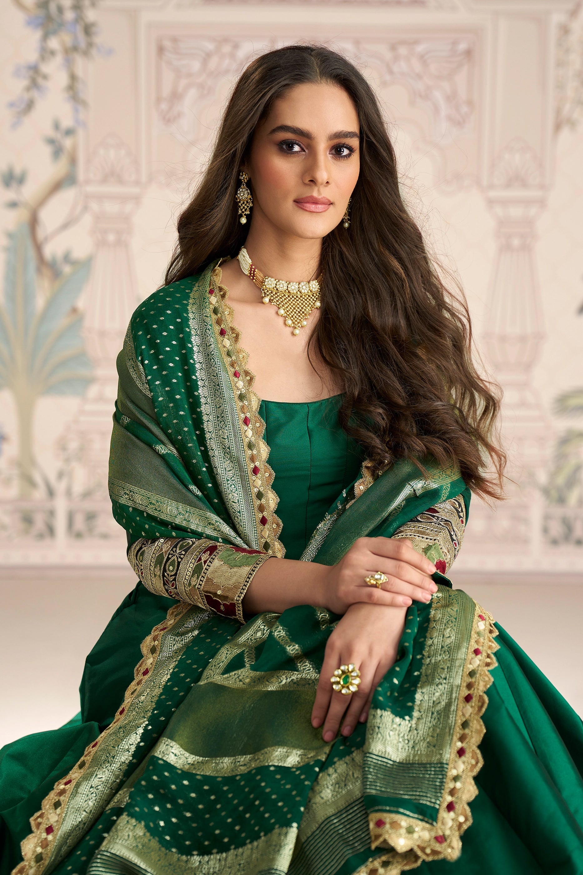 Green Readymade Embroidered Silk Gown With Dupatta-SAR11087_2_SareeButa.com
