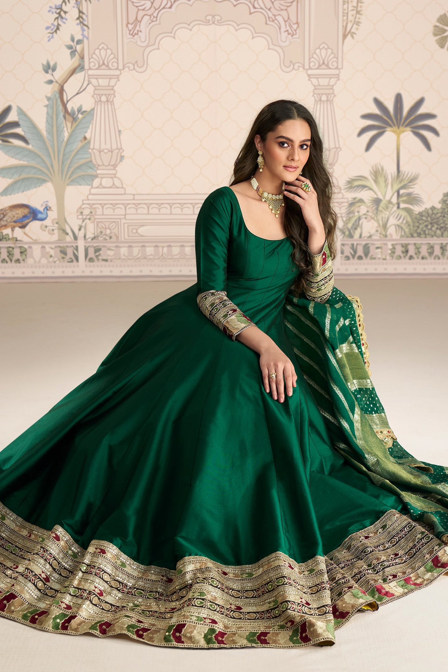 Green Readymade Embroidered Silk Gown With Dupatta-SAR11087_3_SareeButa.com