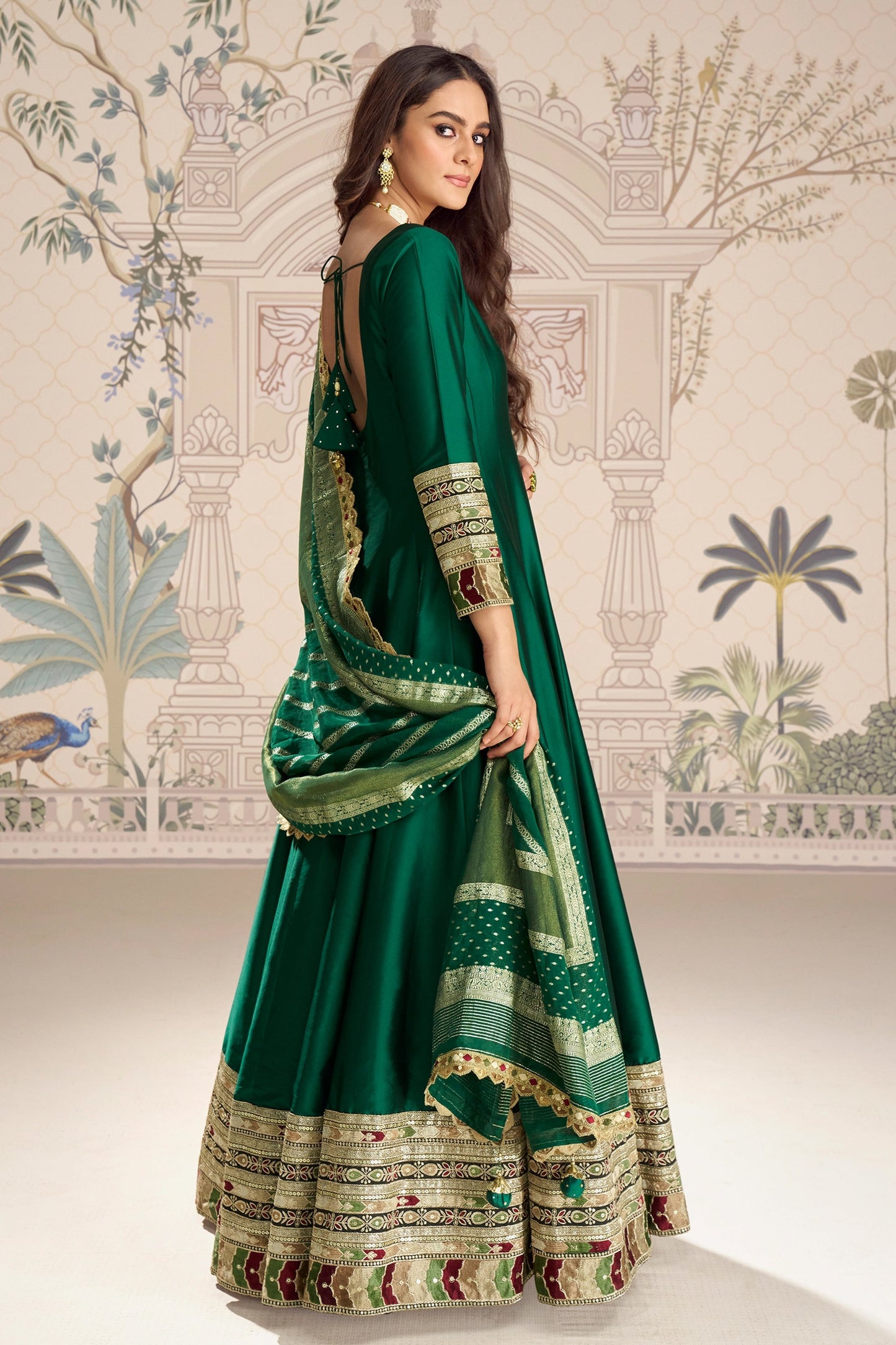 Green Readymade Embroidered Silk Gown With Dupatta-SAR11087_4_SareeButa.com