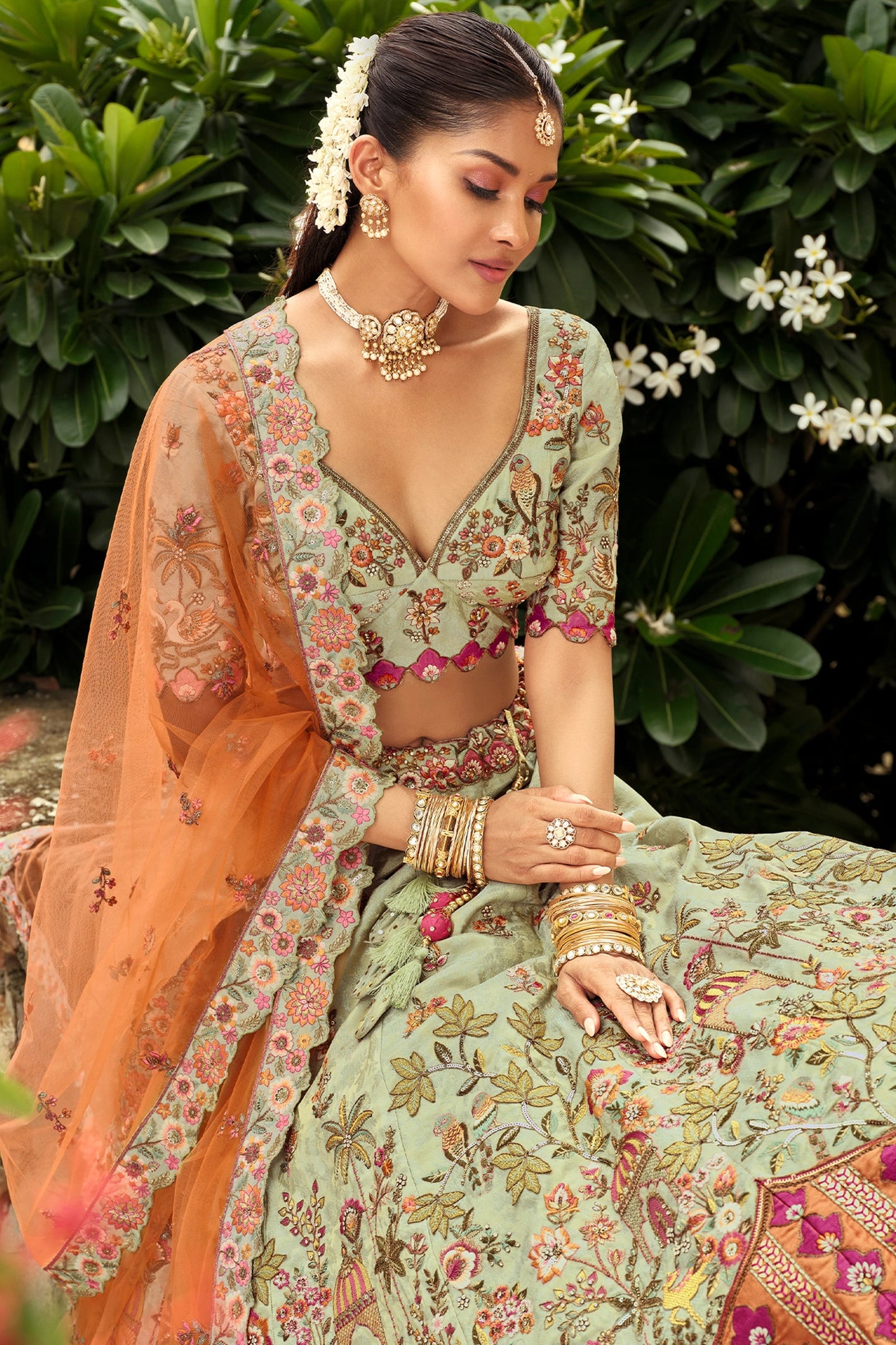 Green Readymade Embroidered Silk Lehenga-SAR10903_2_SareeButa.com