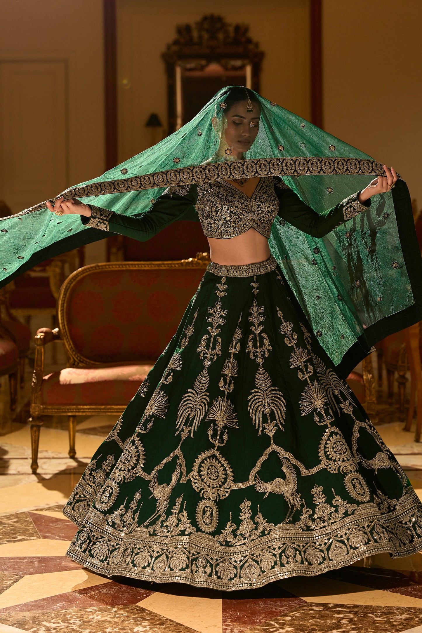 Green Readymade Embroidered Silk Lehenga-SAR11487_4_SareeButa.com