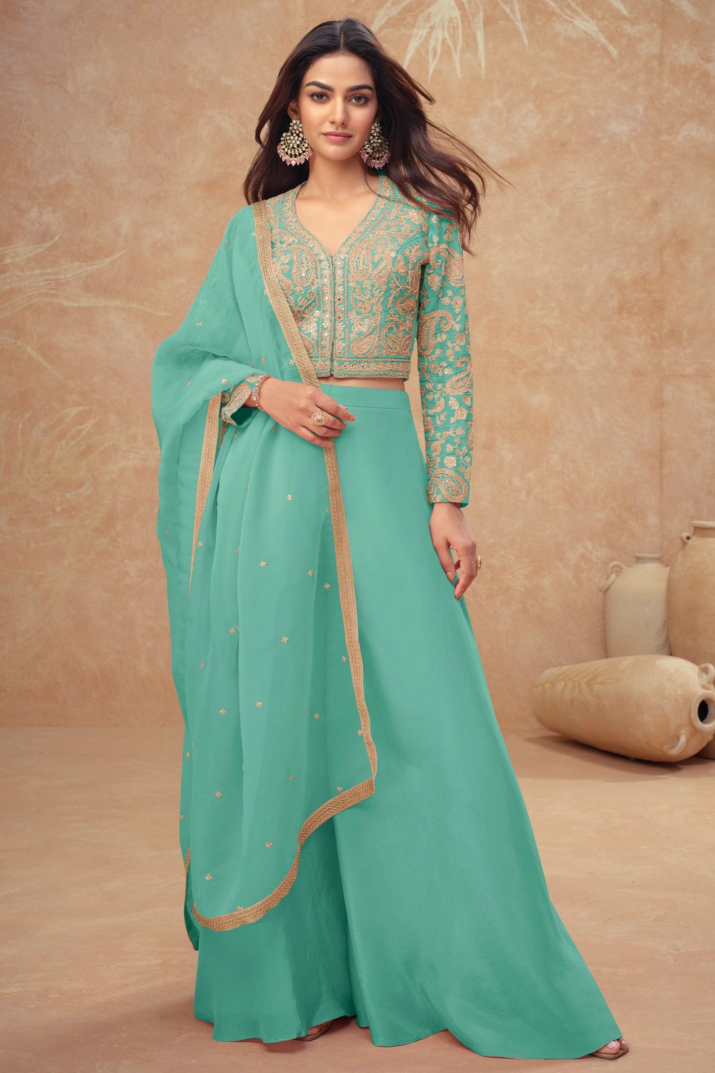 Green Readymade Embroidered Silk Palazzo Set-SAR10522_1_SareeButa.com