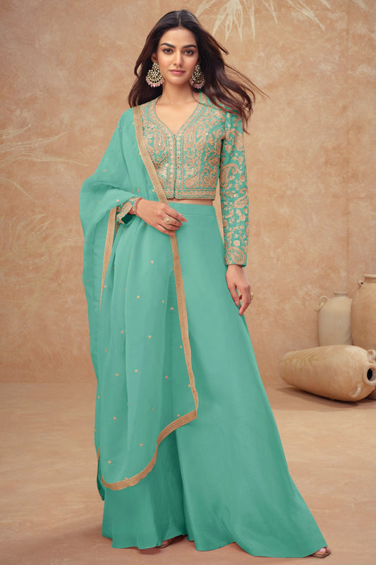Green Readymade Embroidered Silk Palazzo Set-SAR10522_1_SareeButa.com