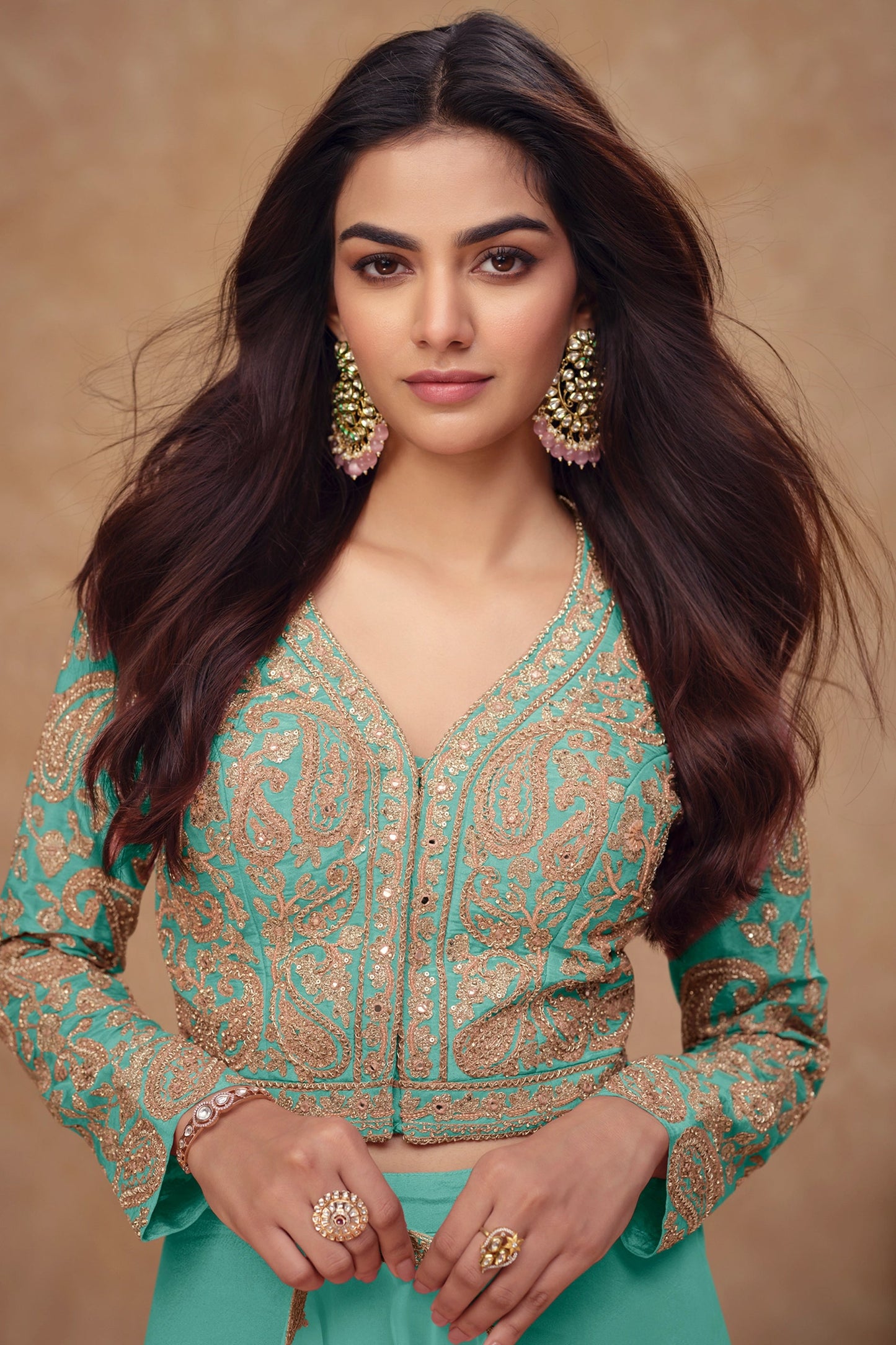 Green Readymade Embroidered Silk Palazzo Set-SAR10522_2_SareeButa.com