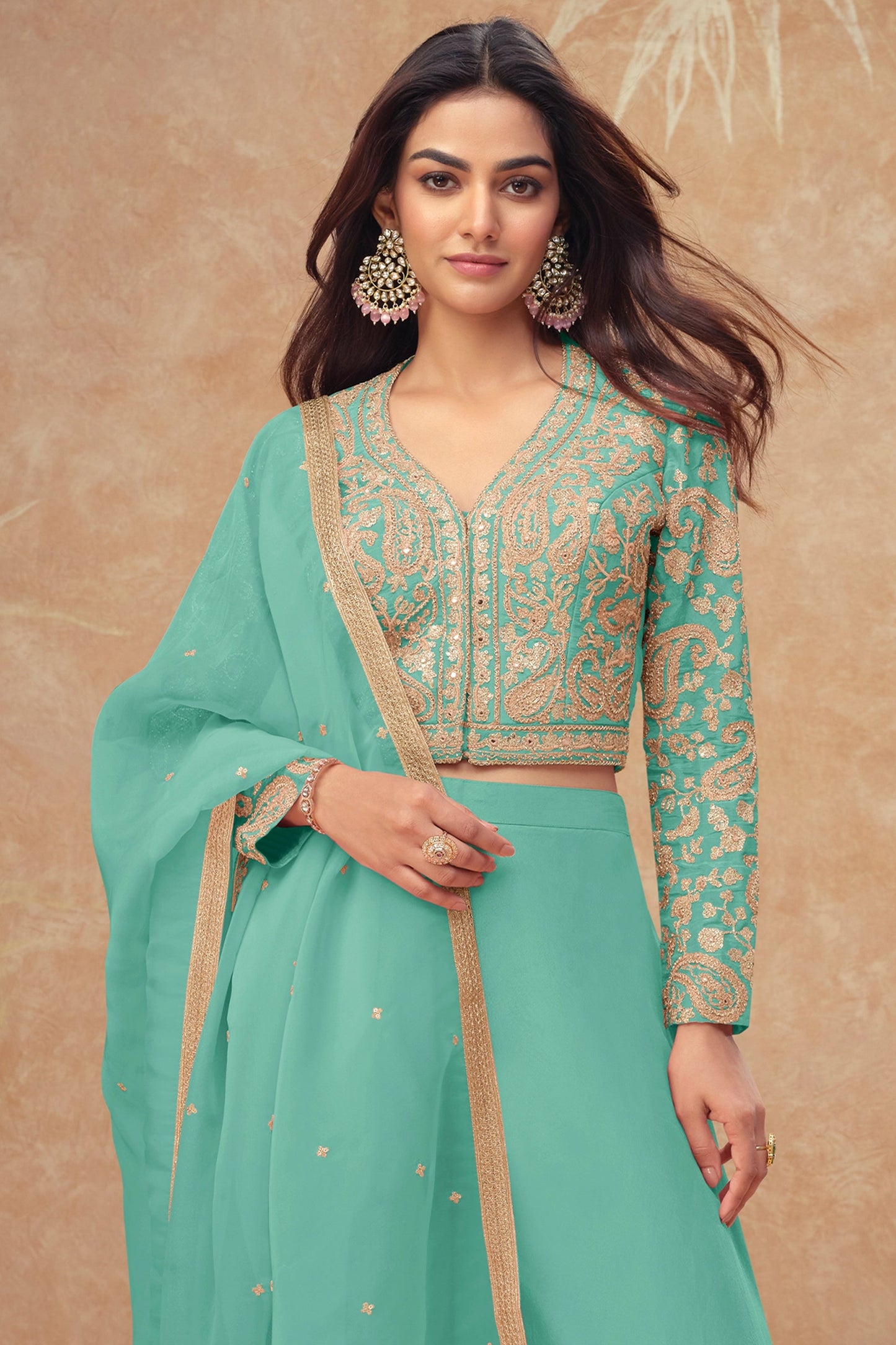 Green Readymade Embroidered Silk Palazzo Set-SAR10522_3_SareeButa.com