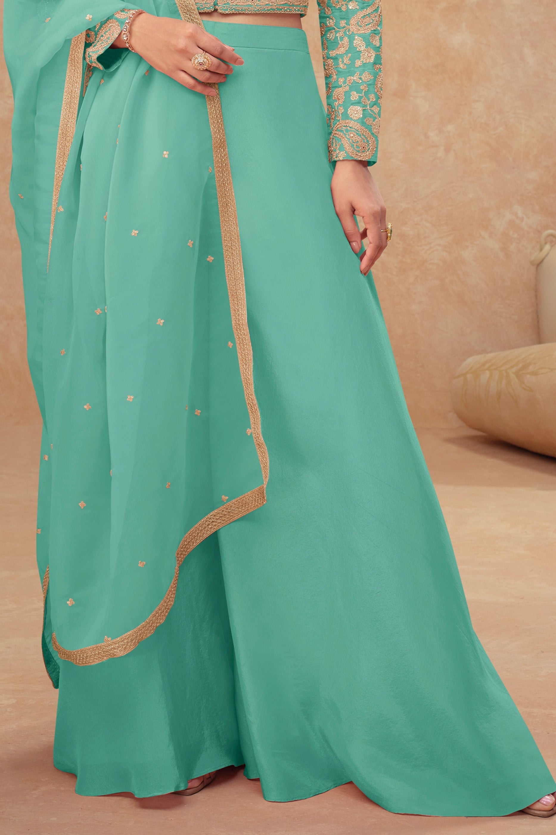 Green Readymade Embroidered Silk Palazzo Set-SAR10522_4_SareeButa.com