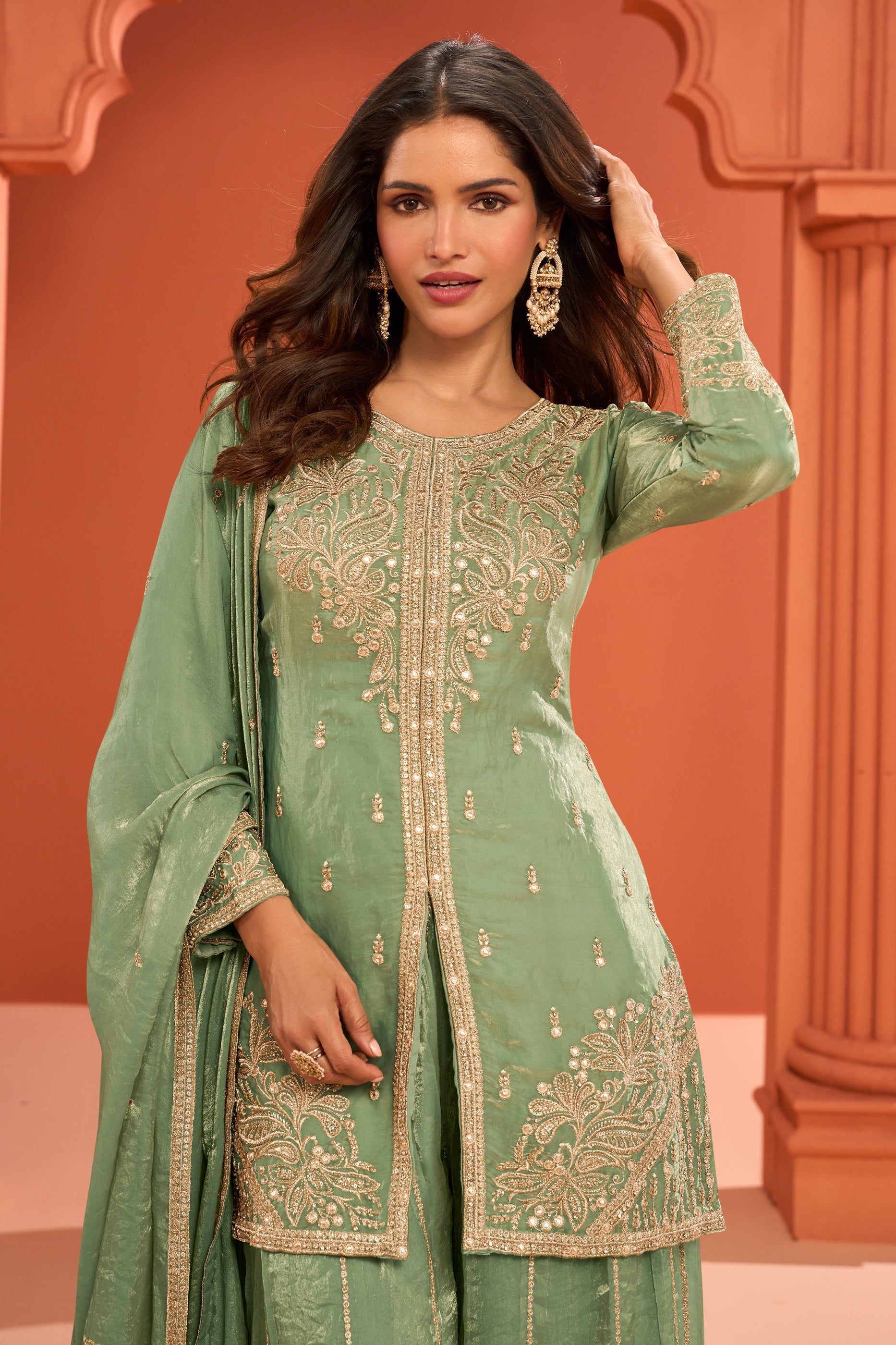 Green Readymade Embroidered Silk Palazzo Suit-SAR11979_2_SareeButa.com