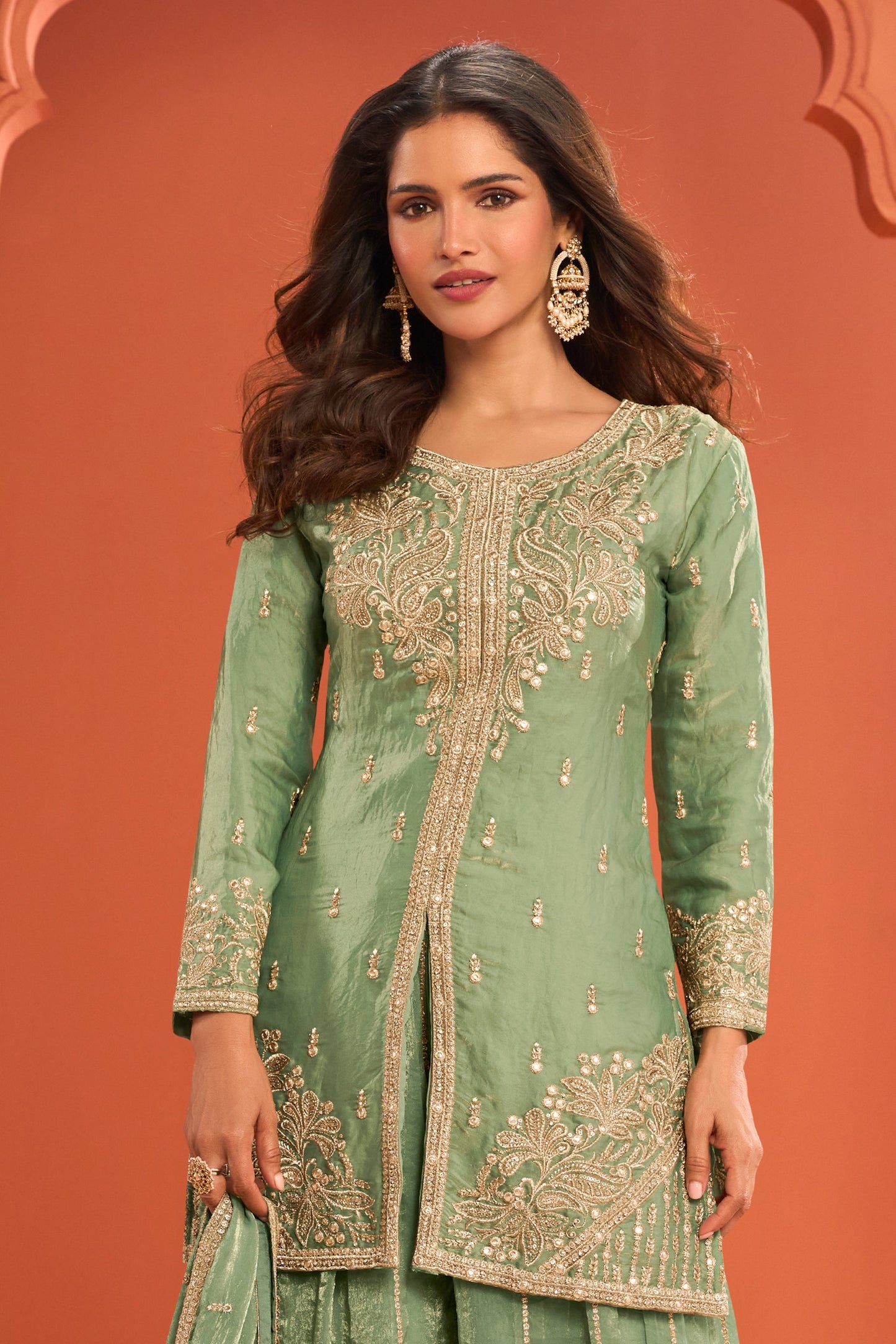 Green Readymade Embroidered Silk Palazzo Suit-SAR11979_3_SareeButa.com