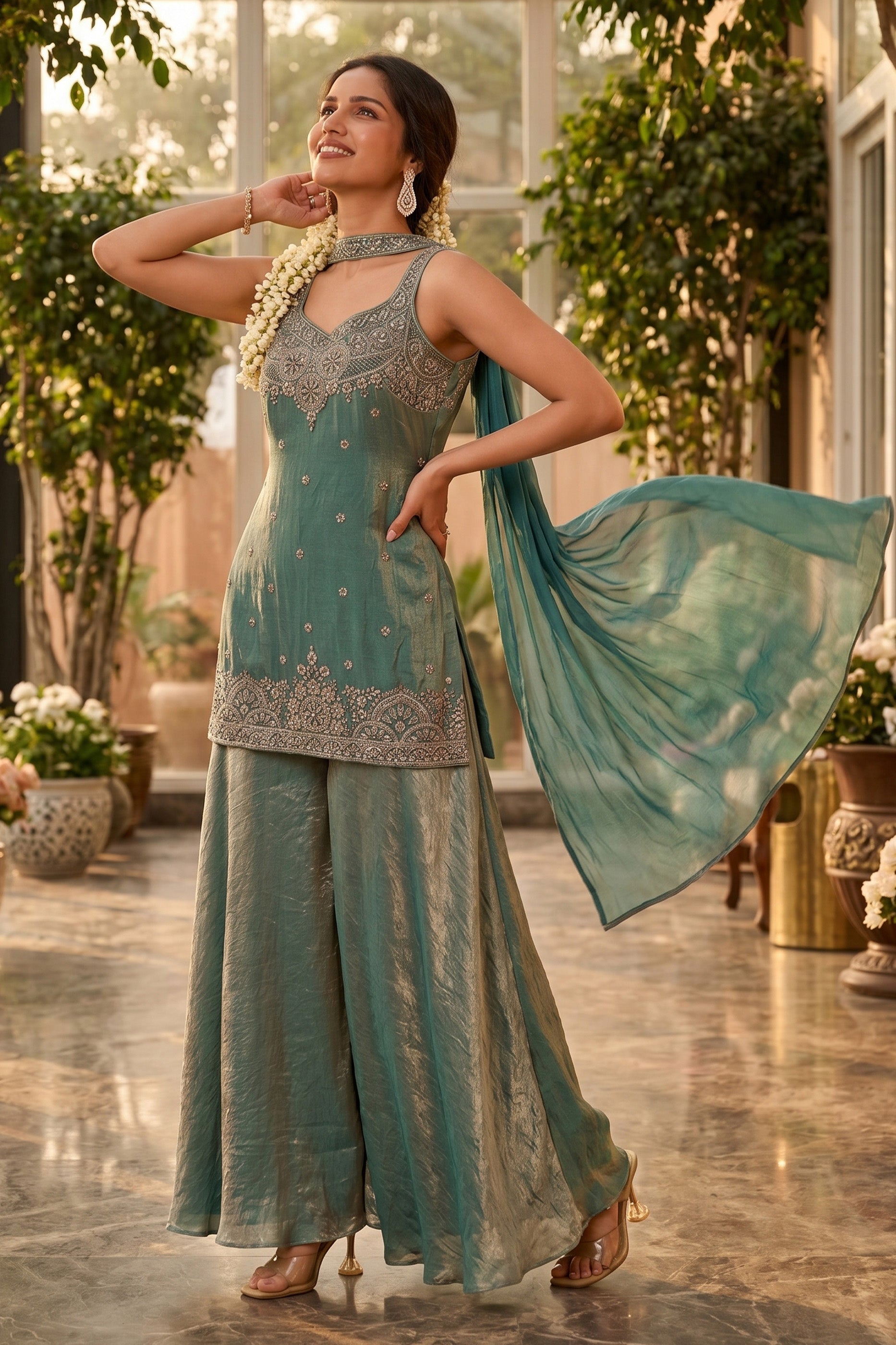 Green Readymade Embroidered Silk Palazzo Suit-SAR13016_1_SareeButa.com