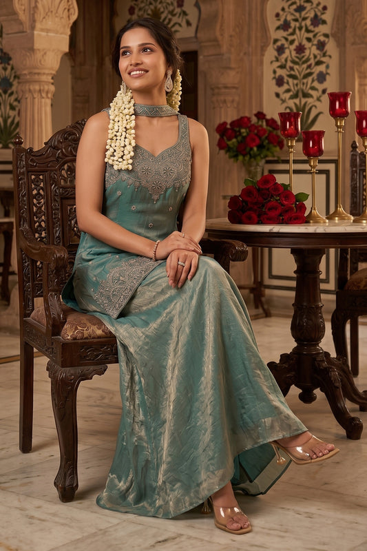Green Readymade Embroidered Silk Palazzo Suit-SAR13016_2_SareeButa.com