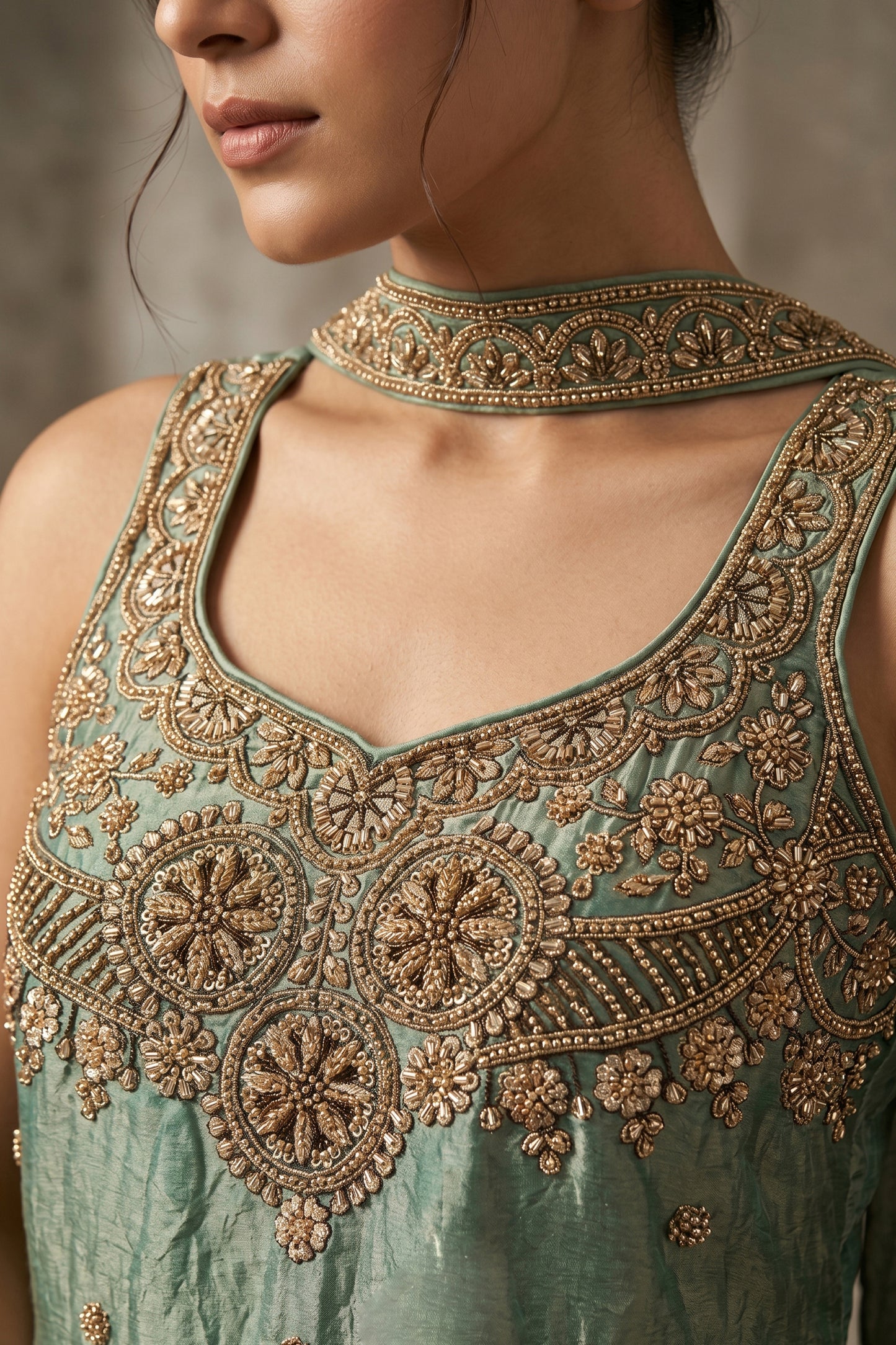 Green Readymade Embroidered Silk Palazzo Suit-SAR13016_3_SareeButa.com