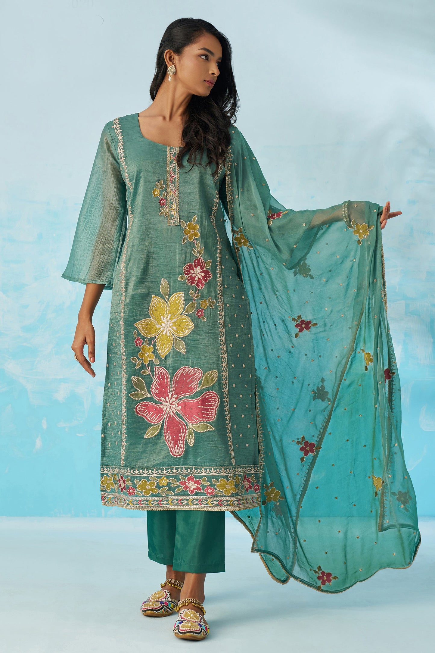Green Readymade Embroidered Silk Suit-SAR11645_3_SareeButa.com