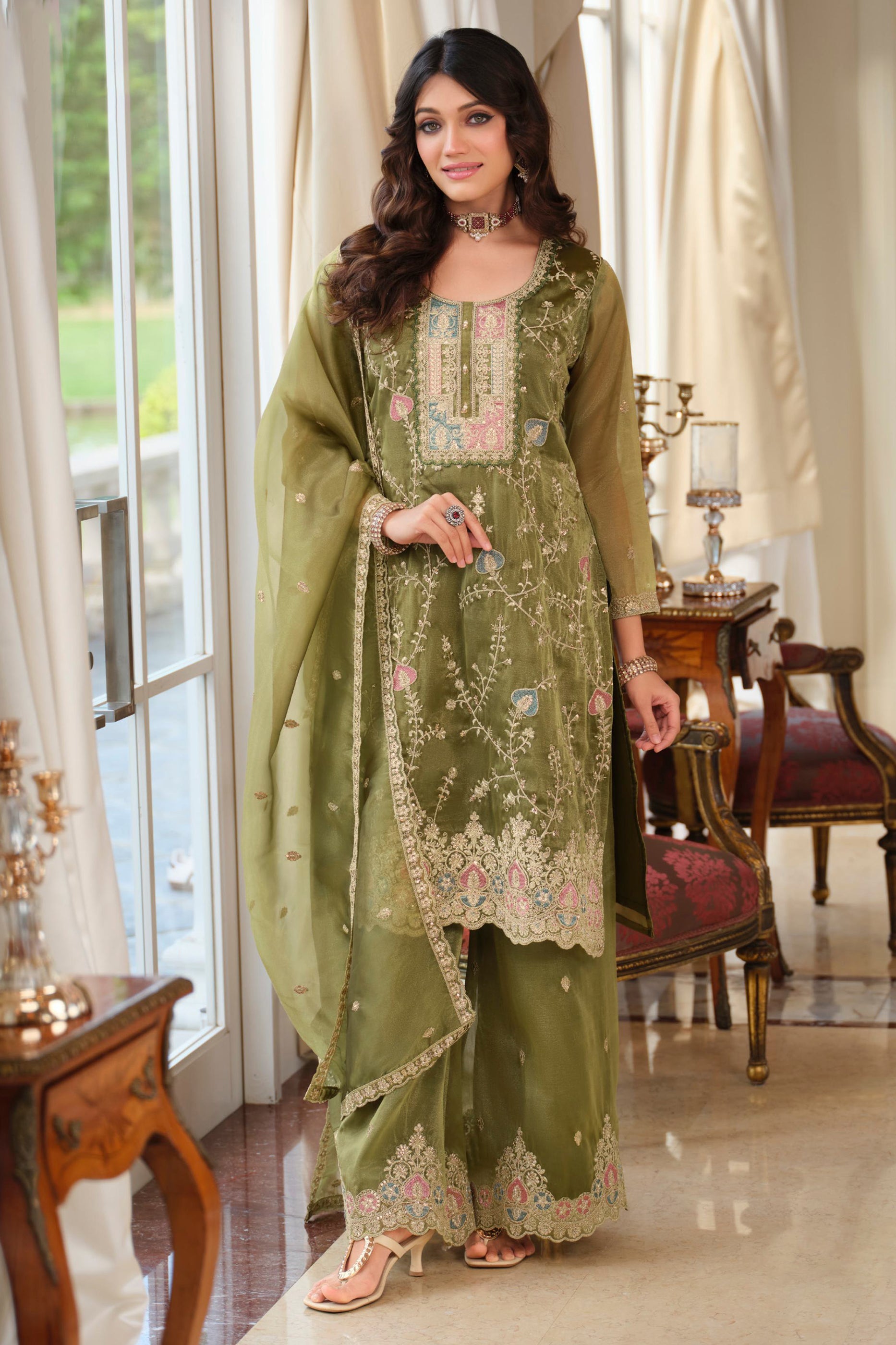Green Readymade Embroidered Simar Silk Suit-SAR11989_1_SareeButa.com