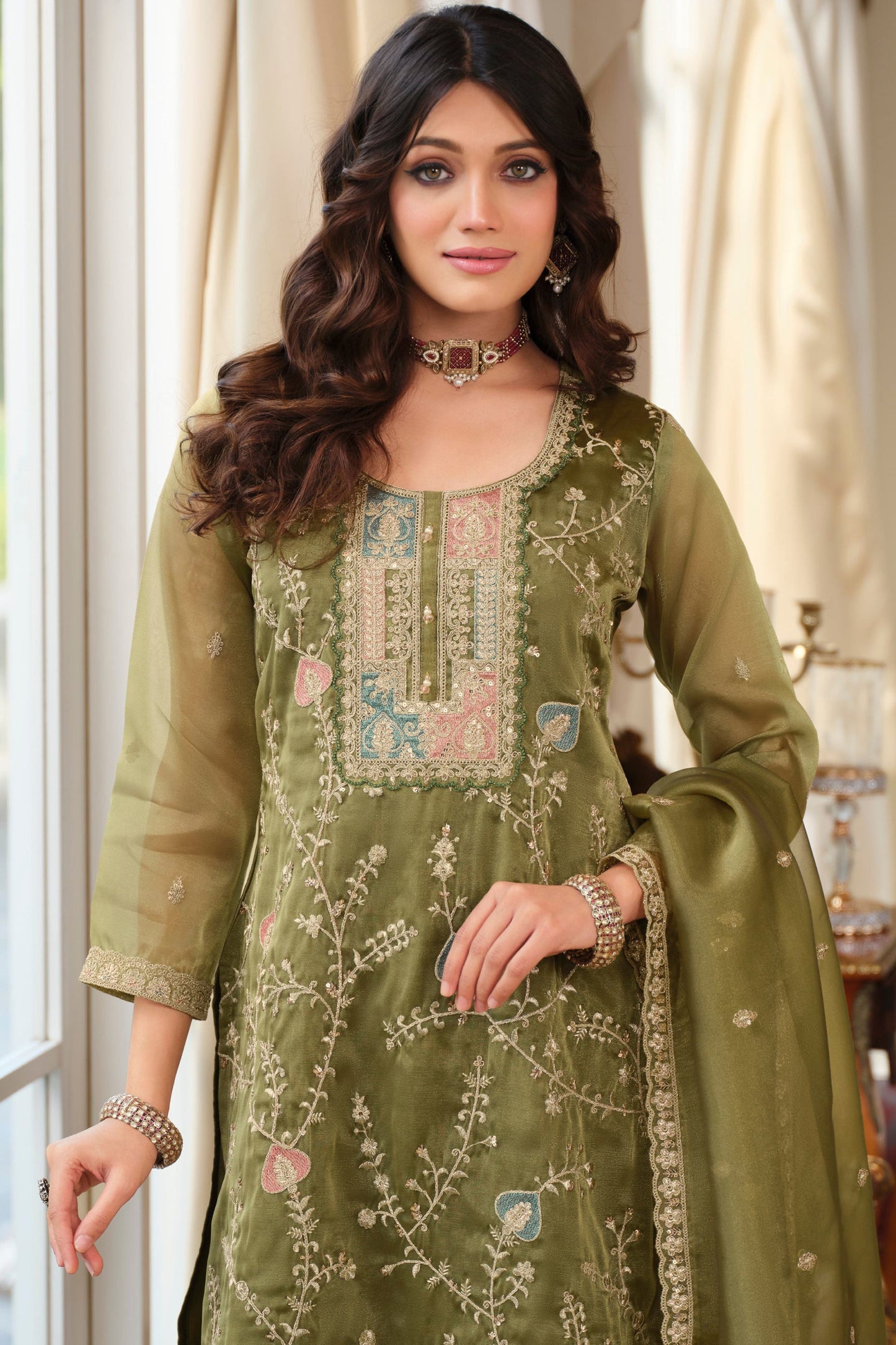 Green Readymade Embroidered Simar Silk Suit-SAR11989_3_SareeButa.com
